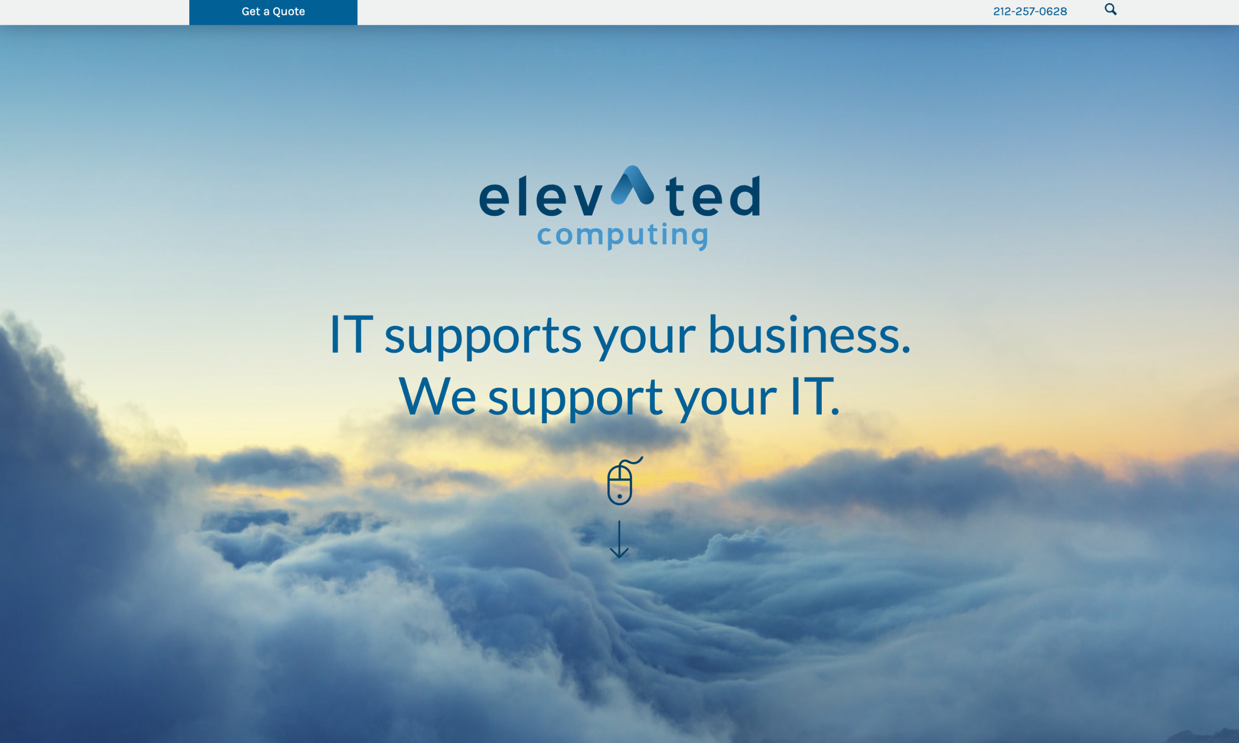 A website homepage for Elevated Computing shows a sky with clouds, the company logo, and the tagline: "IT supports your business. We support your IT.