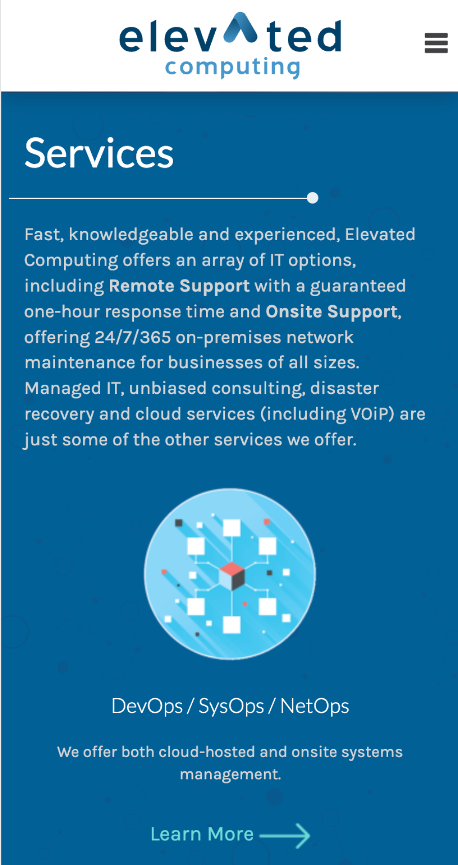 A webpage for Elevated Computing's services, describing IT support options like remote and onsite support, network management, consulting, and cloud services.
