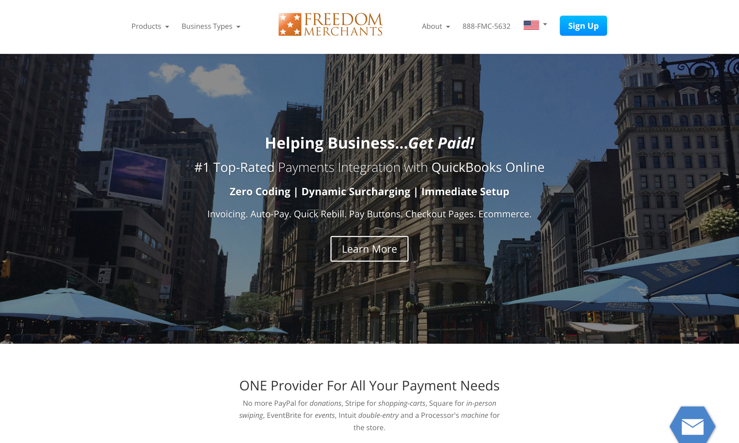 Freedom Merchants website homepage showing payment processing services, a cityscape background, navigation menu, and a prominent "Learn More" button in the center.