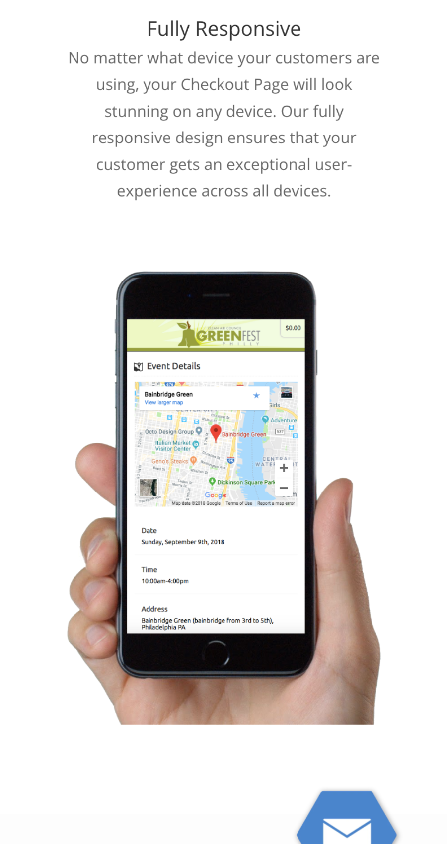 A hand holds a smartphone displaying an event details page with a map, illustrating a fully responsive design for mobile devices.