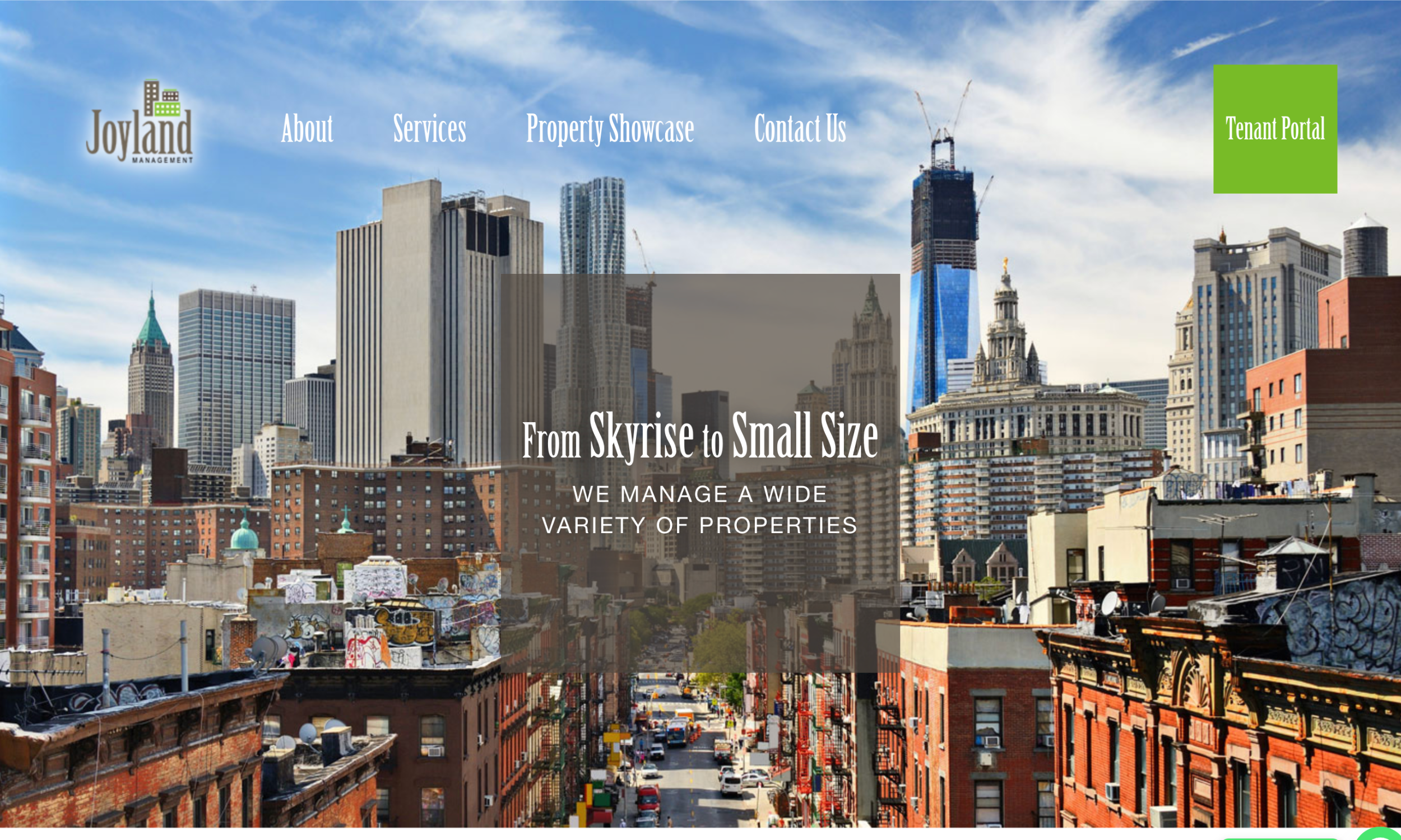 A cityscape with modern skyscrapers and older brick buildings, overlaid with the text: "From Skyrise to Small Size—We manage a wide variety of properties.