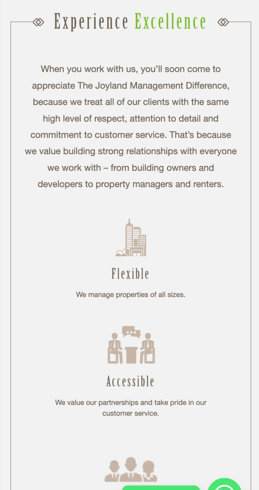 A promotional graphic for Joyland Management highlighting their commitment to excellent customer service, flexibility in managing properties, and accessibility for clients and partners.