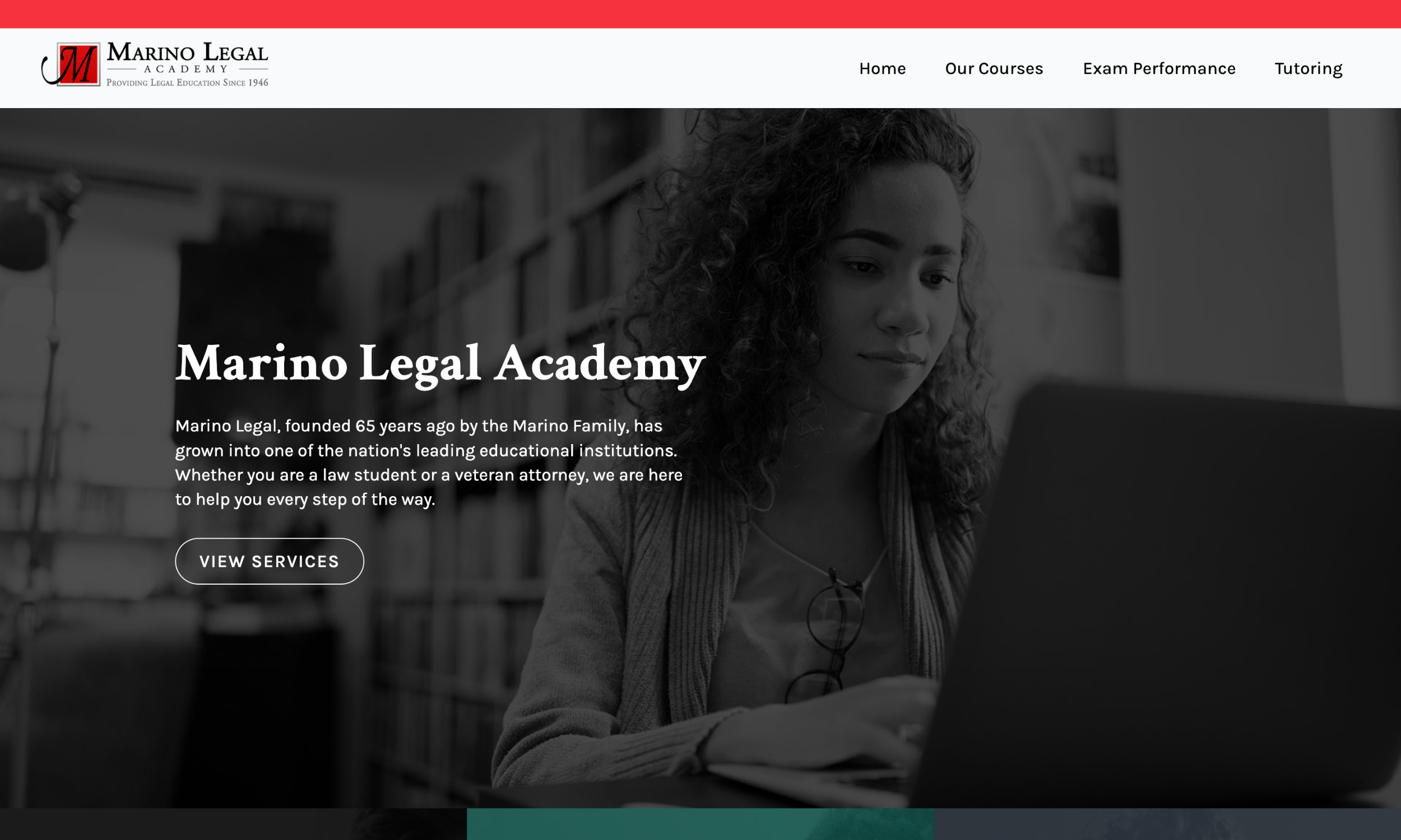 A person sits at a desk using a laptop. The website header reads "Marino Legal Academy" with navigation links for courses, exam performance, and tutoring.