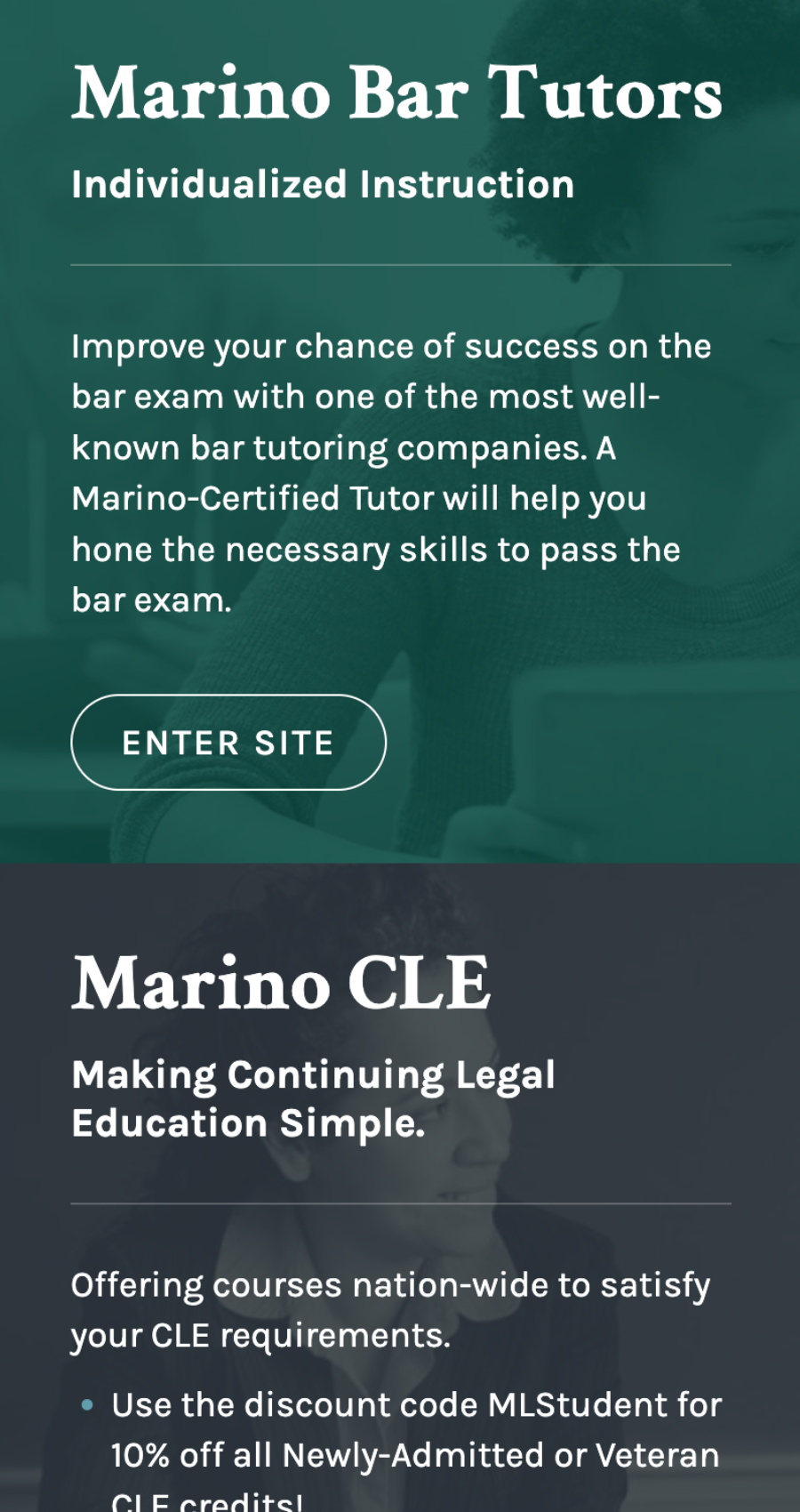Screenshot of a website advertising Marino Bar Tutors for bar exam preparation and Marino CLE for continuing legal education, with an "Enter Site" button visible.