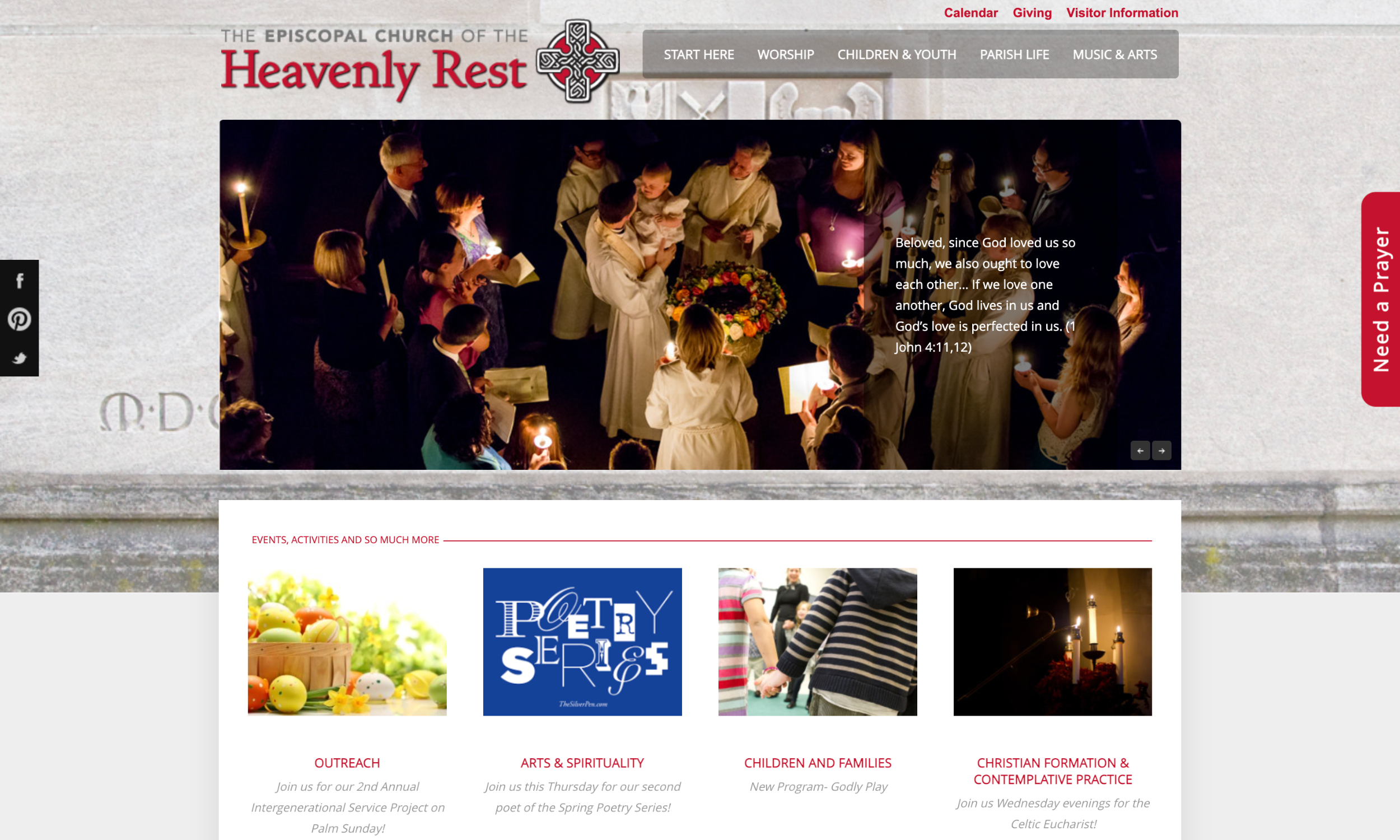 A group of people, including children in white robes, gather around a table with candles in a dimly lit church setting. A Bible verse is displayed to the right of the image.