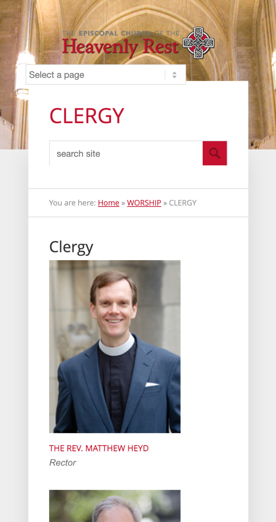 A clergy webpage shows a portrait of a man in clerical attire labeled as "The Rev. Matthew Heyd, Rector" with a search bar and navigation menu above.