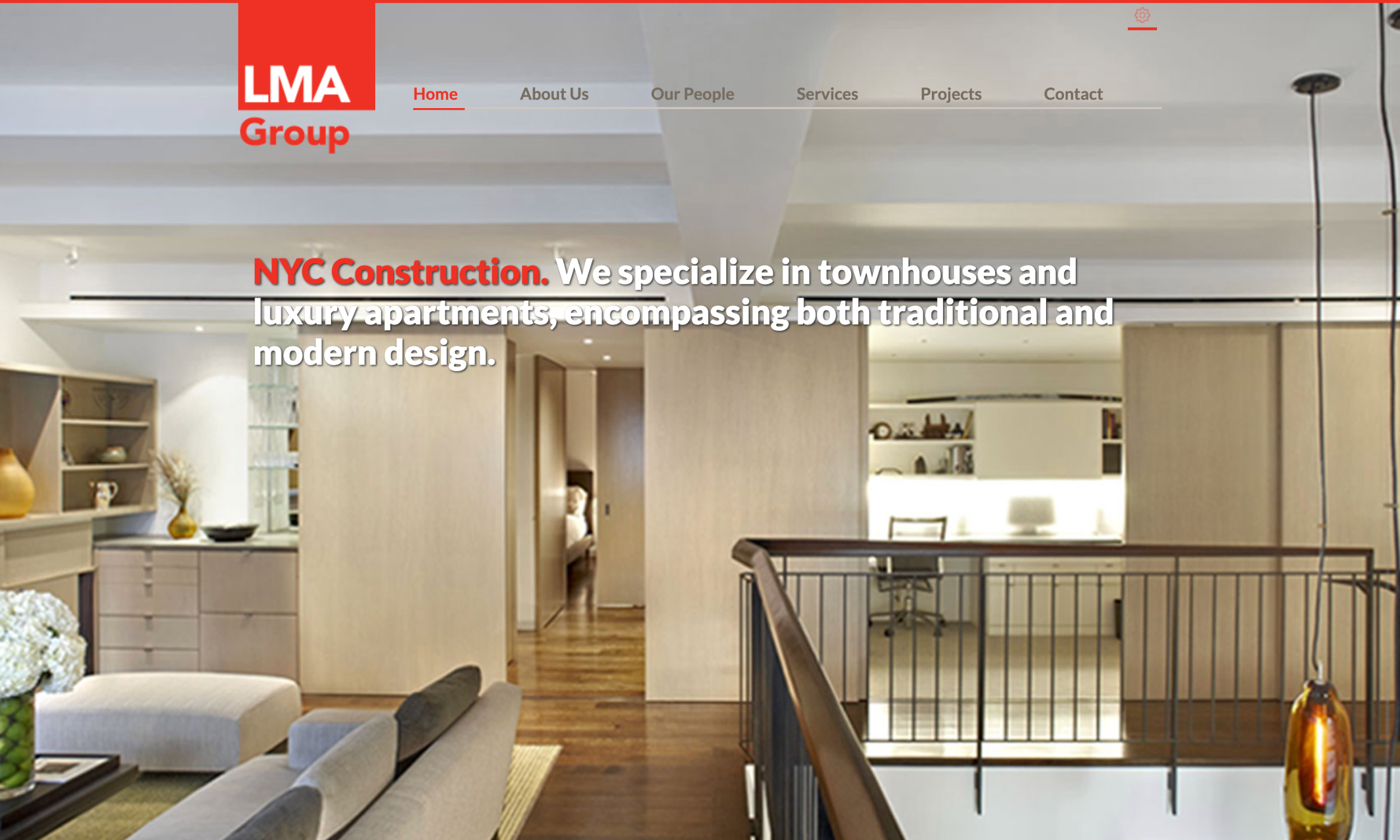 Modern townhouse interior with wooden floors, neutral walls, and contemporary furnishings; LMA Group website header and navigation menu overlay top of the image.