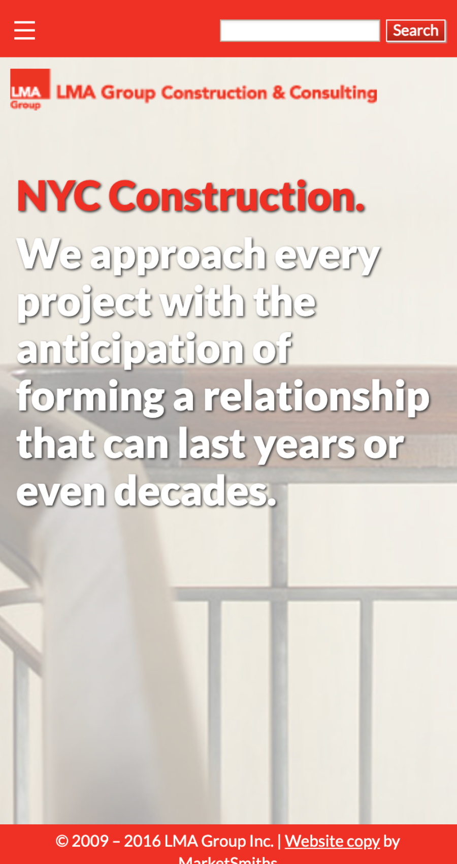 Screenshot of the LMA Group Construction & Consulting website homepage with the headline "NYC Construction" and a statement about long-term client relationships.