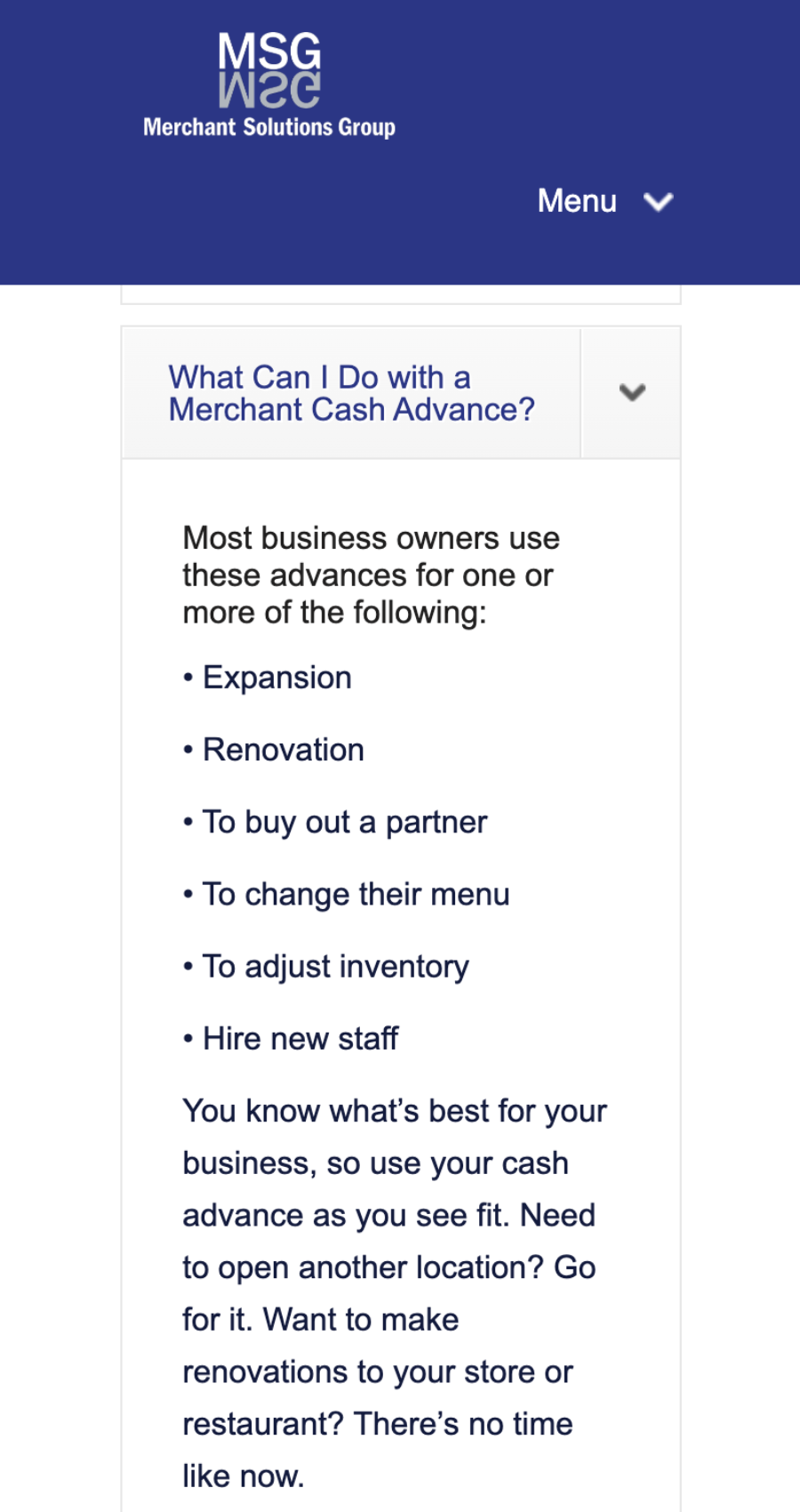 A screenshot from the Merchant Solutions Group website explains possible uses for a merchant cash advance, including expansion, renovation, buying out a partner, changing menus, inventory, and hiring staff.