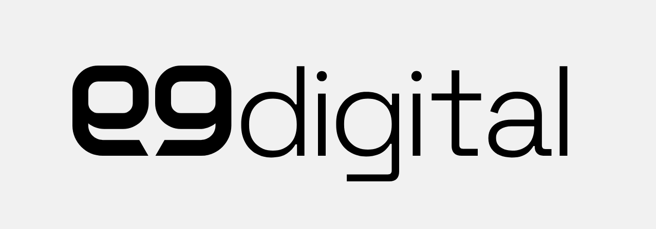 Black "e9 digital" Website Brand logo on a light gray background, with stylized, rounded letters for "e9" and modern sans-serif font for "digital.