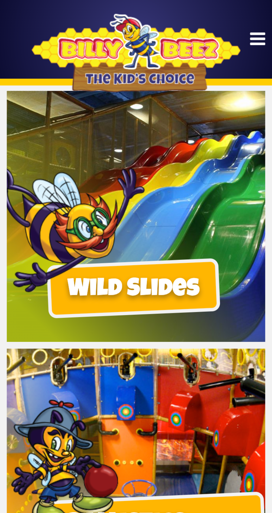 Colorful indoor slides at Billy Beez amusement center, with cartoon bee mascots and the text “Wild Slides” on the image.