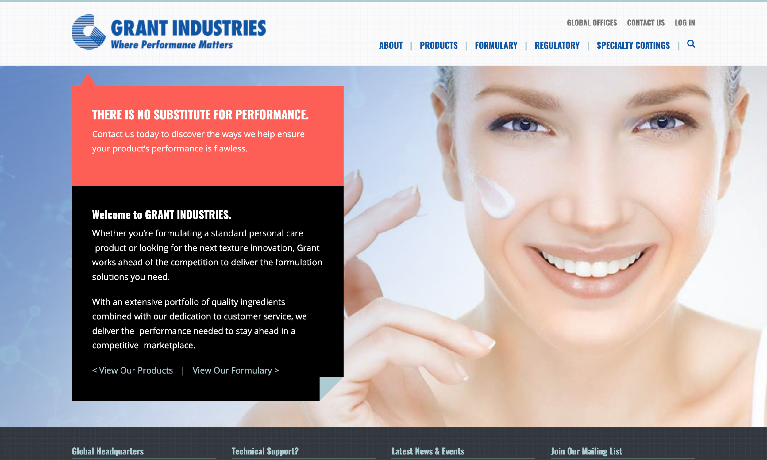 A woman applies face cream to her cheek; website text highlights Grant Industries’ focus on high-quality personal care product formulation and performance.