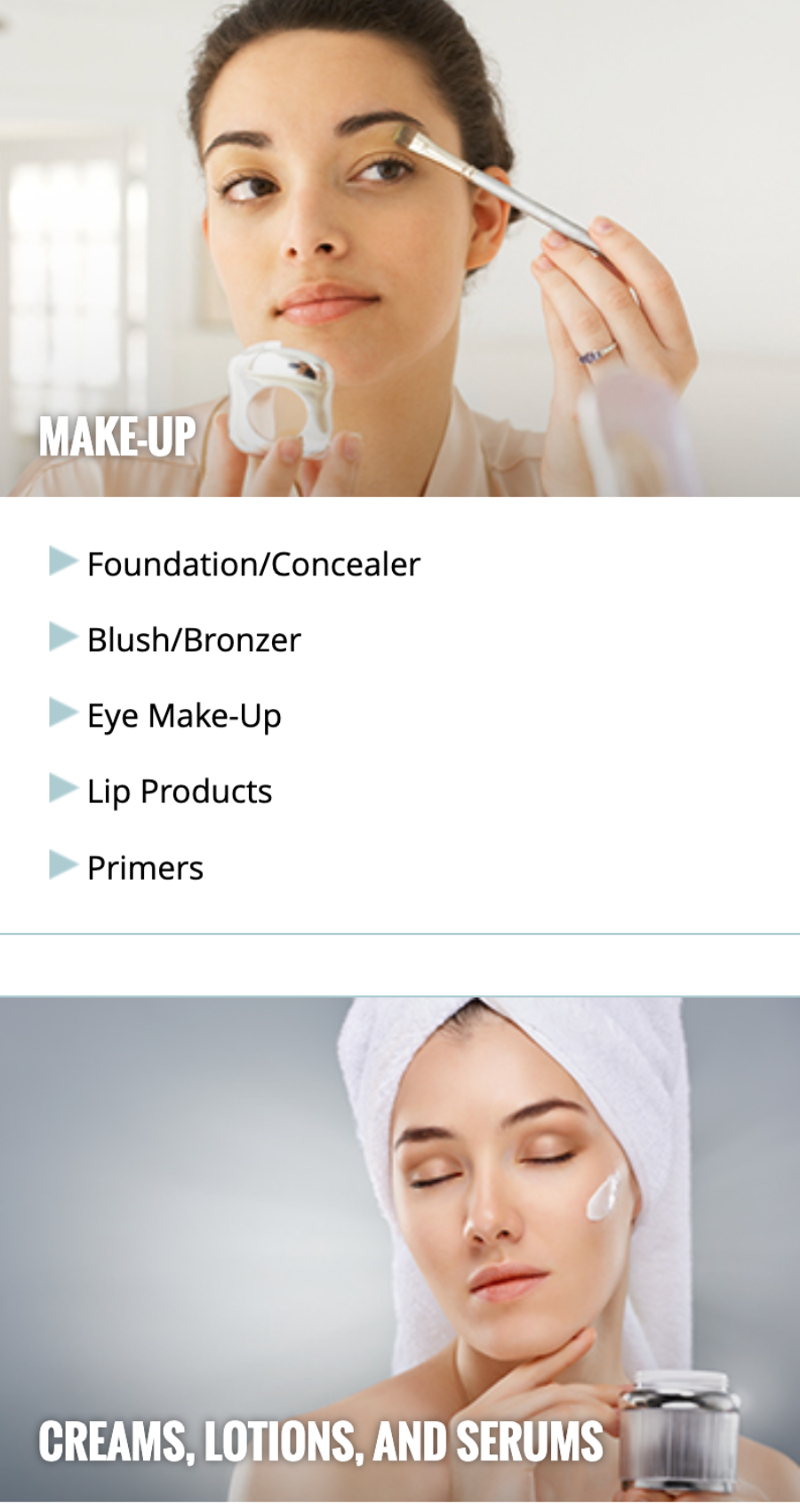 A woman applies makeup with a brush; below, another woman with a towel on her head applies cream to her face. Text lists makeup and skincare product categories.