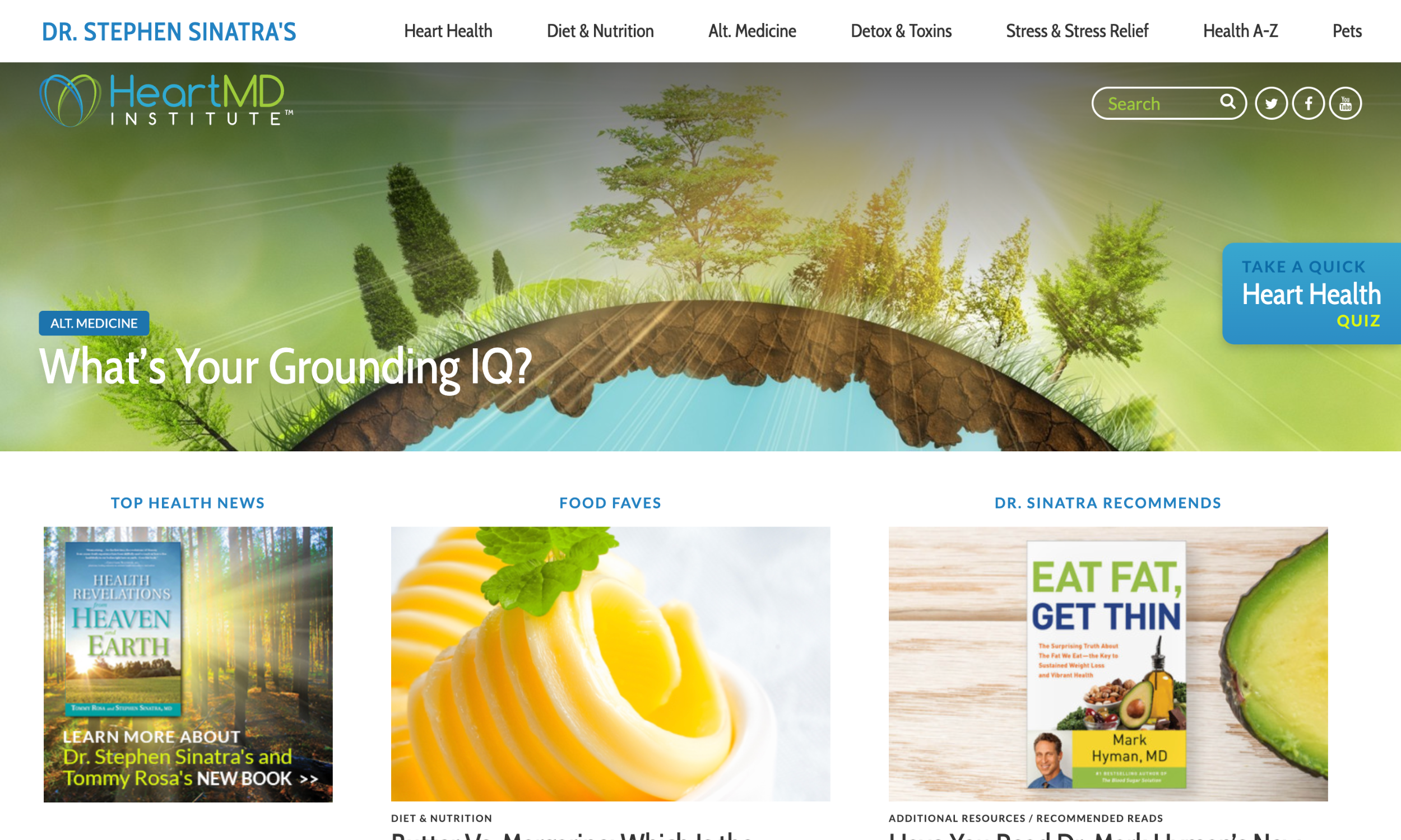 Screenshot of the HeartMD Institute website homepage featuring sections on heart health, diet, and books, with a banner about "What's Your Grounding IQ?" and a Heart Health Quiz button.