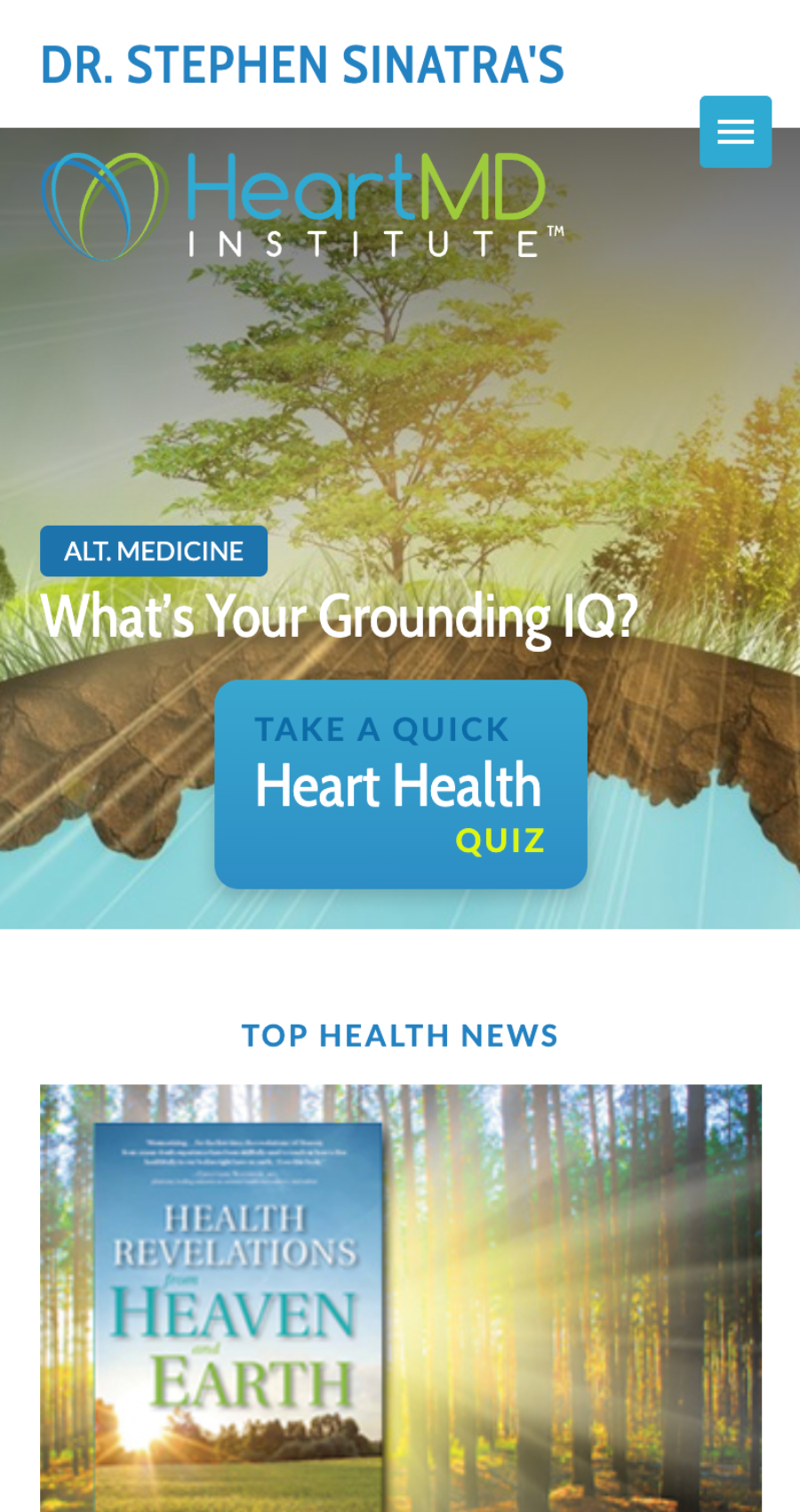 Screenshot of the HeartMD Institute website showing a grounding IQ quiz promotion and a featured health news section with the book "Health Revelations from Heaven and Earth.