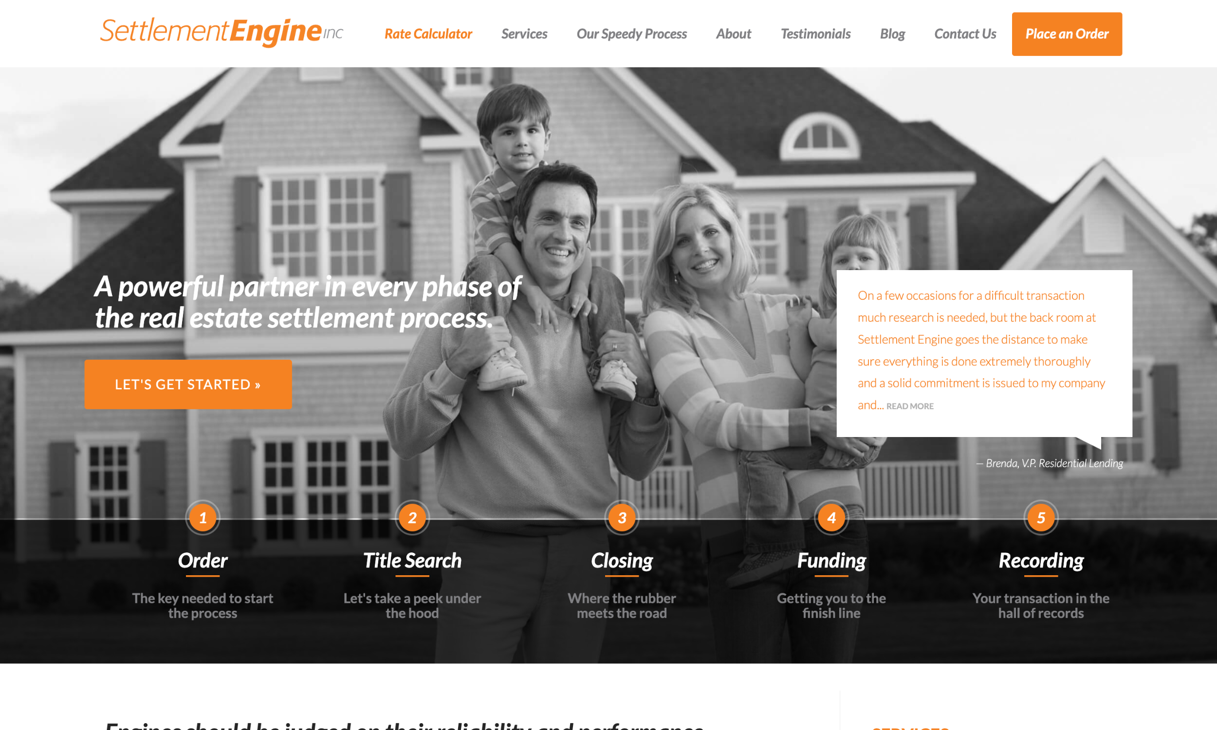 A smiling family of four stands in front of a large house. The website promotes SettlementEngine, a real estate settlement service, with navigation and call-to-action buttons.
