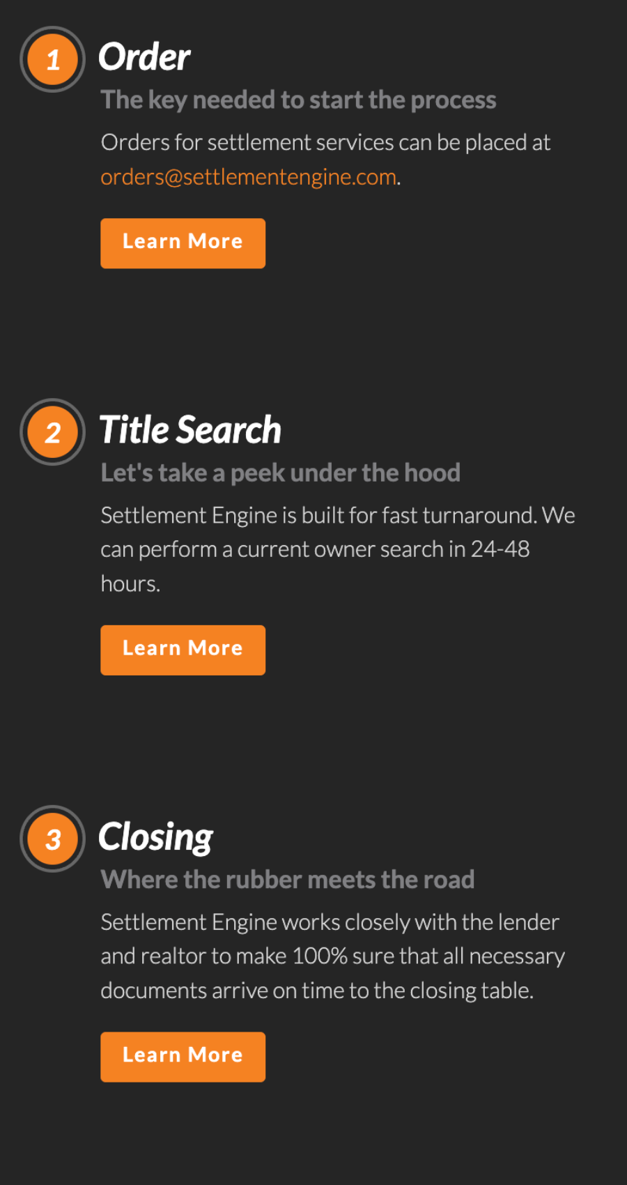 Three sections explain settlement process steps: Order, Title Search, and Closing, each with a brief description and an orange "Learn More" button.