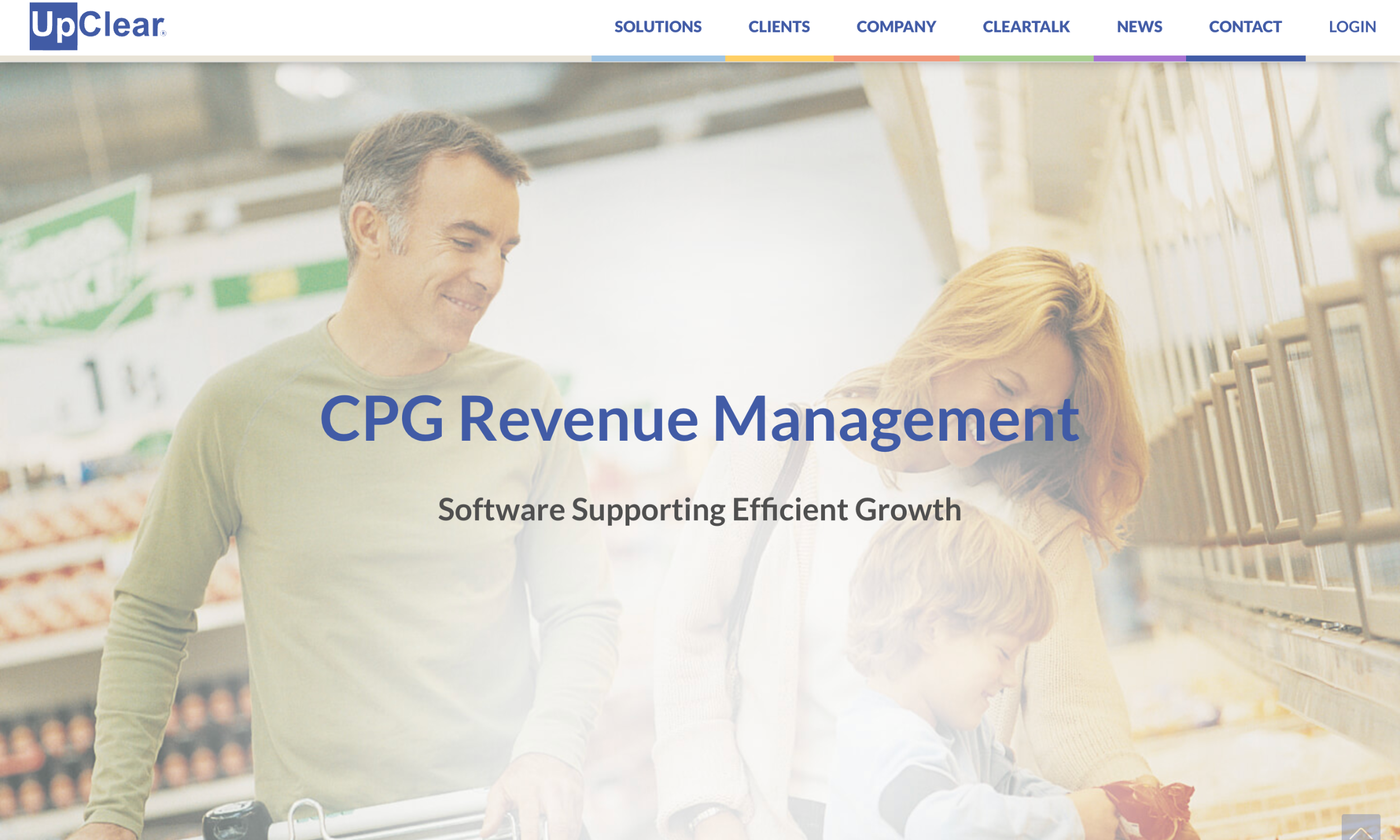 A man pushes a shopping cart with a child while a woman shops in a grocery store. "CPG Revenue Management" and "Software Supporting Efficient Growth" text overlays the image.