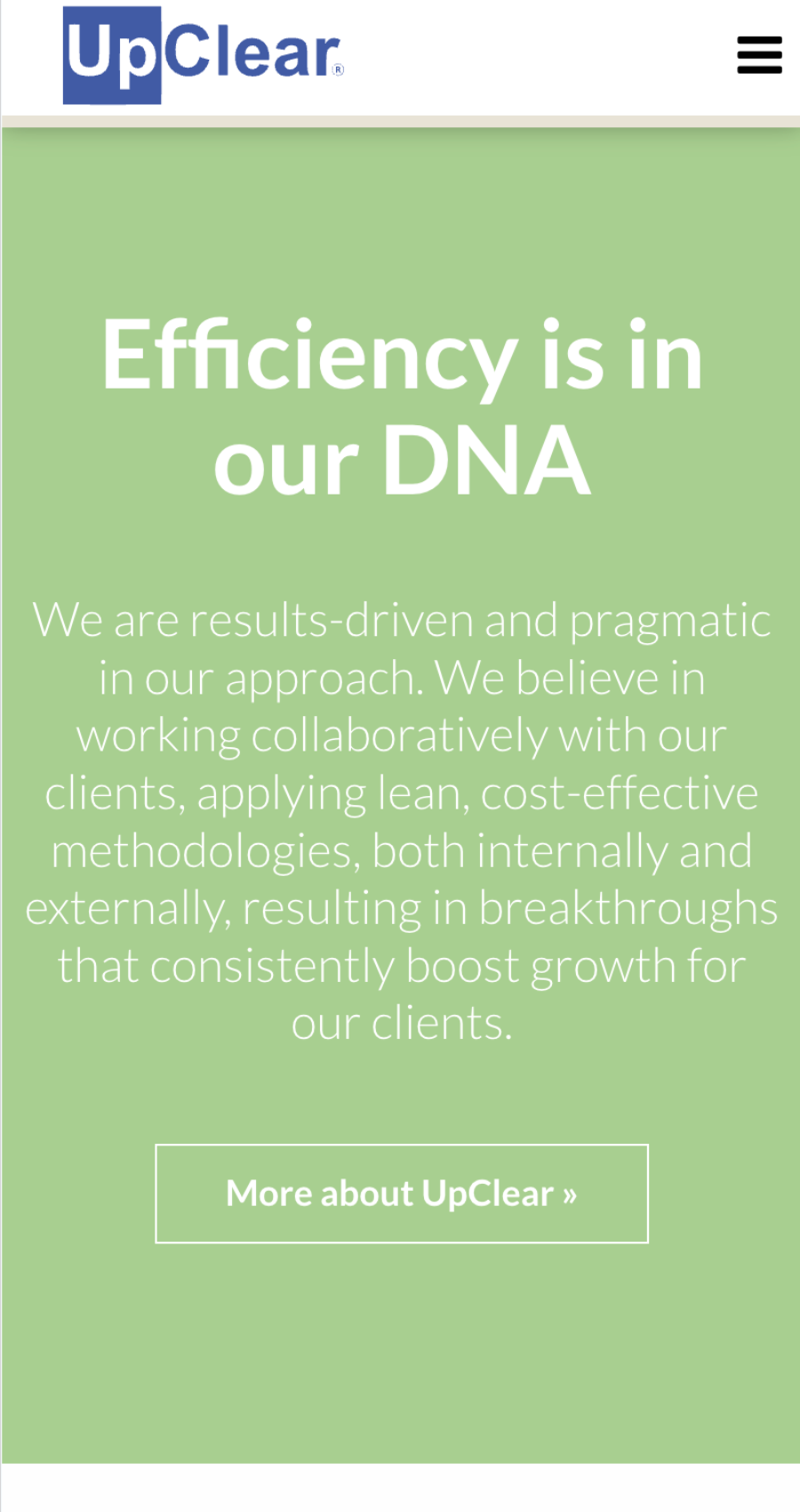 UpClear webpage section with a green background, featuring the headline "Efficiency is in our DNA" and a button labeled "More about UpClear.