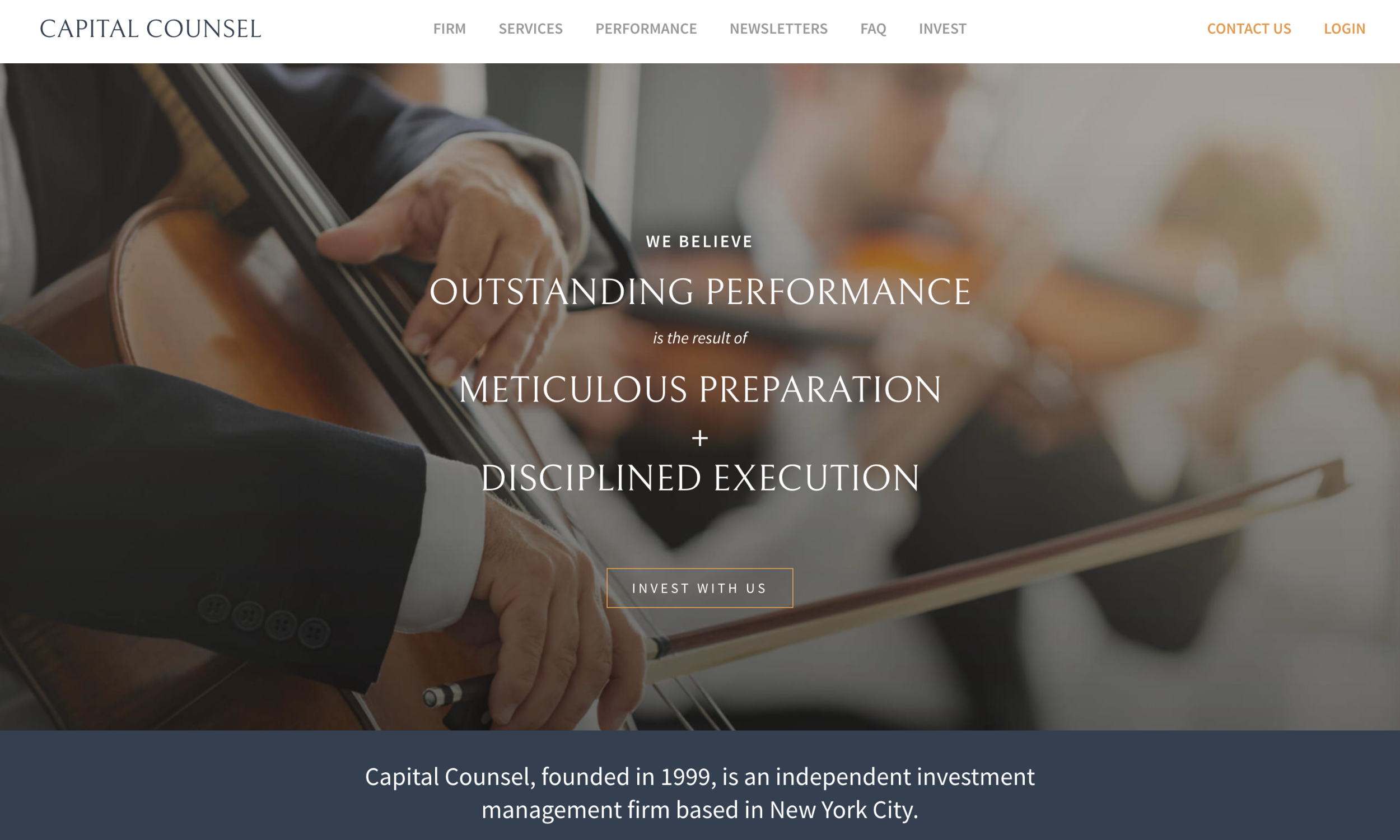 Close-up of musicians playing string instruments, overlaid with Capital Counsel’s slogan and navigation menu; company information appears at the bottom.