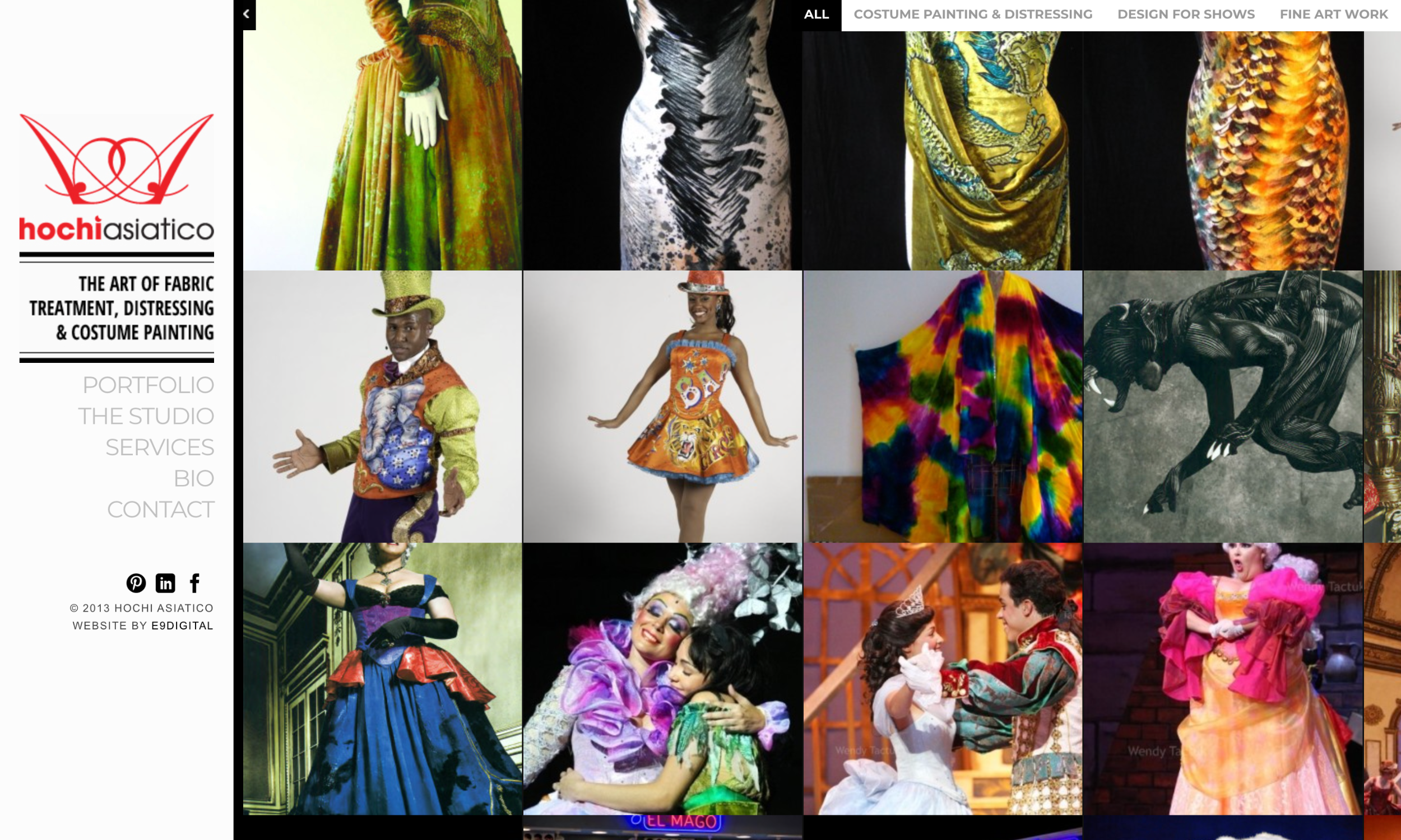 A grid of colorful, elaborate costumes displayed on mannequins and performers, with a website menu and logo for Hochi Asiatico, a costume painting and design studio, visible at the top left.