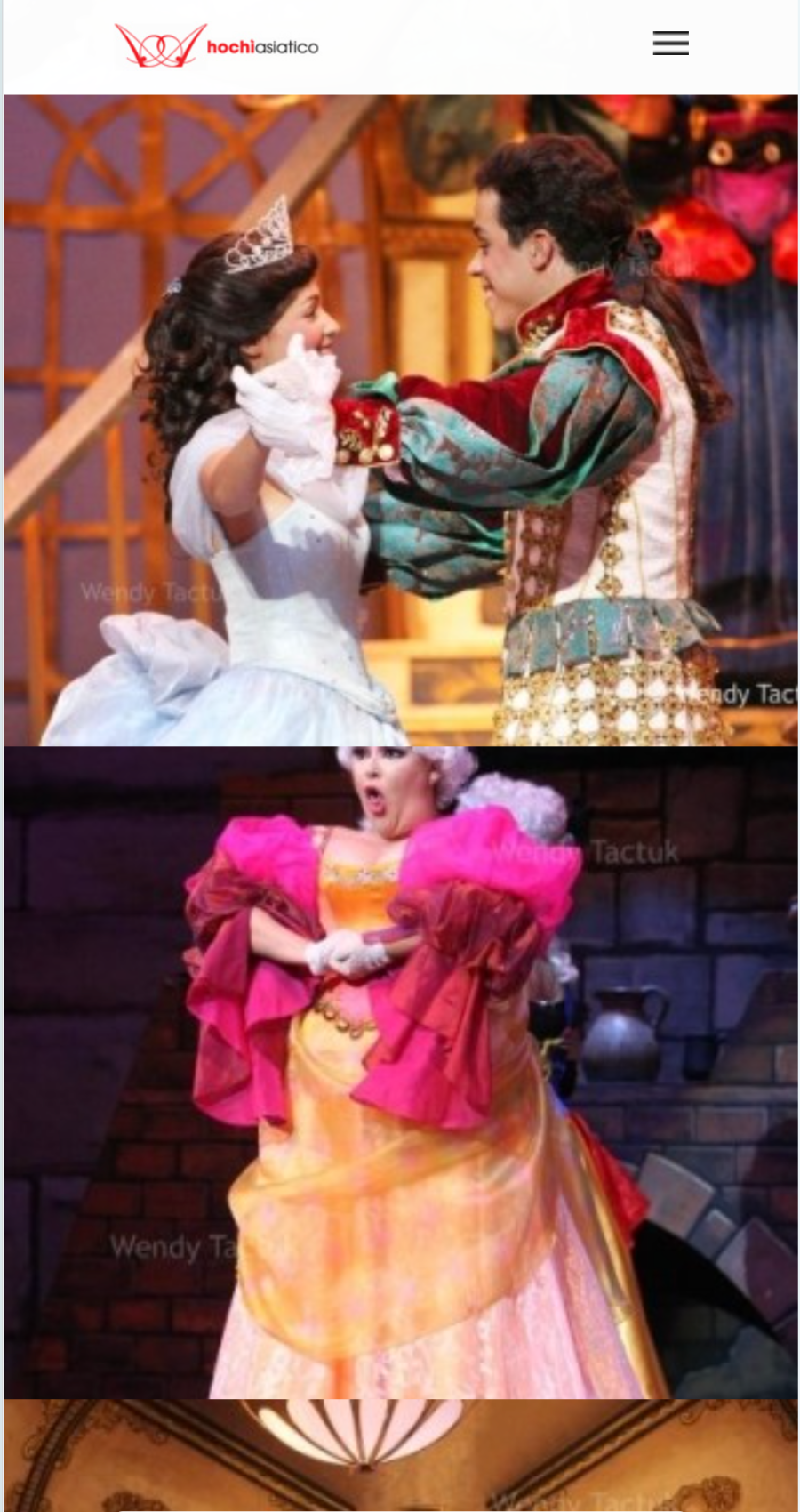 Two stage scenes: the top shows a woman in a blue gown and tiara with a man in a royal costume; the bottom shows a person in a bright pink and orange dress performing.