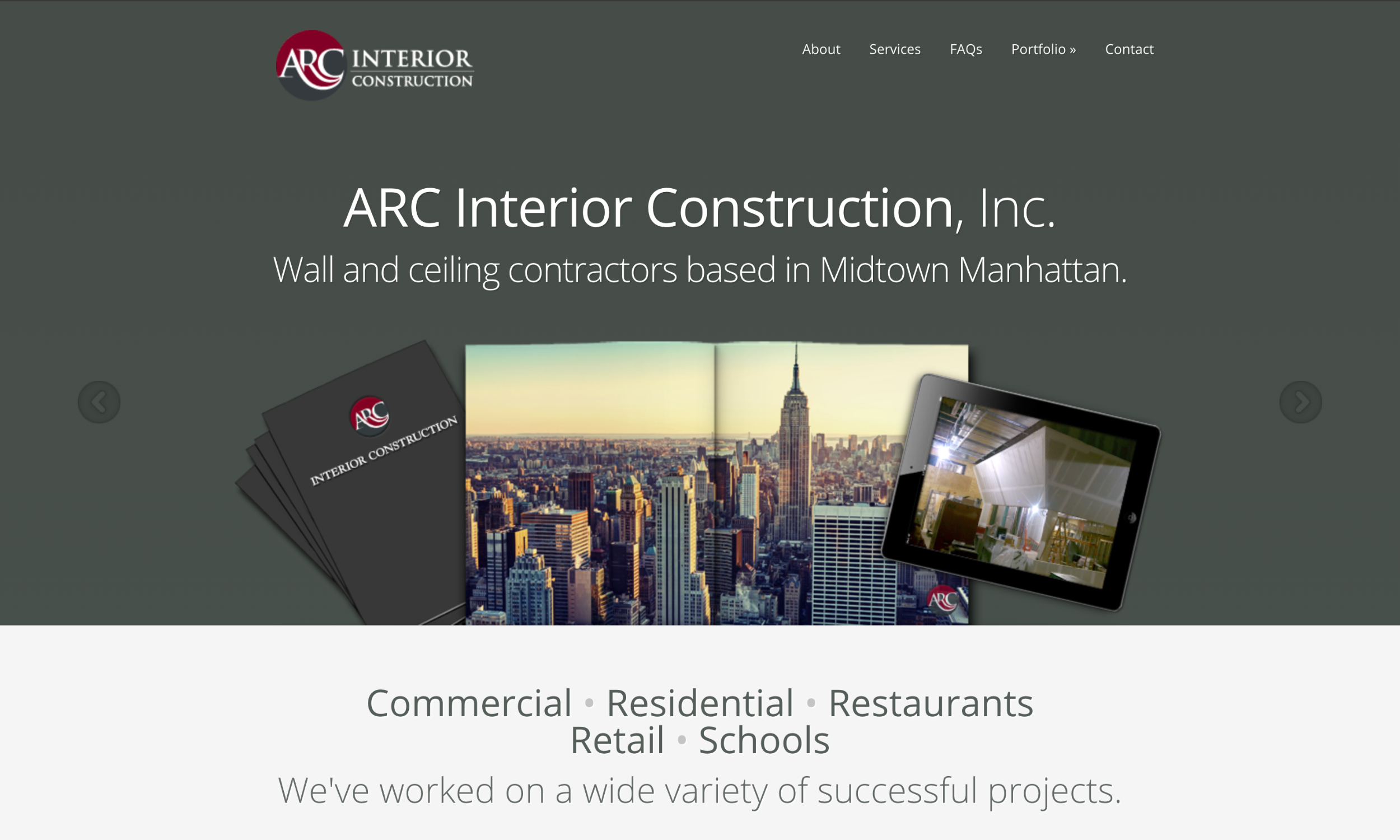 Screenshot of ARC Interior Construction, Inc. website homepage displaying company name, services offered, Manhattan focus, and images of marketing materials with NYC skyline.