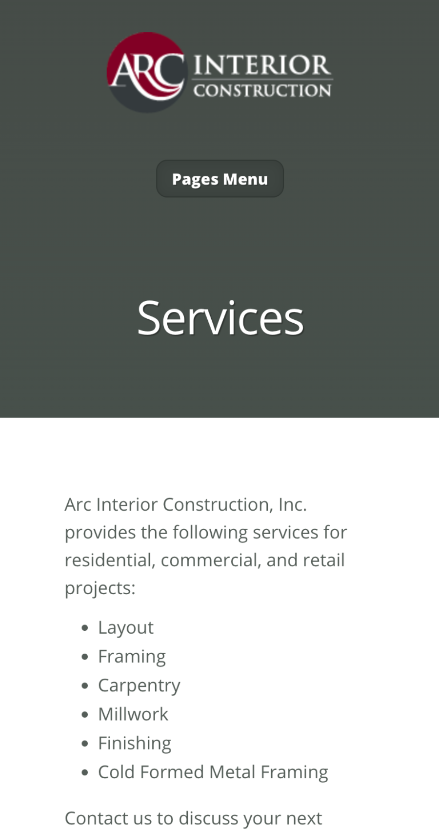 Screenshot of the Arc Interior Construction, Inc. website services page, listing services such as layout, framing, carpentry, millwork, finishing, and cold formed metal framing.
