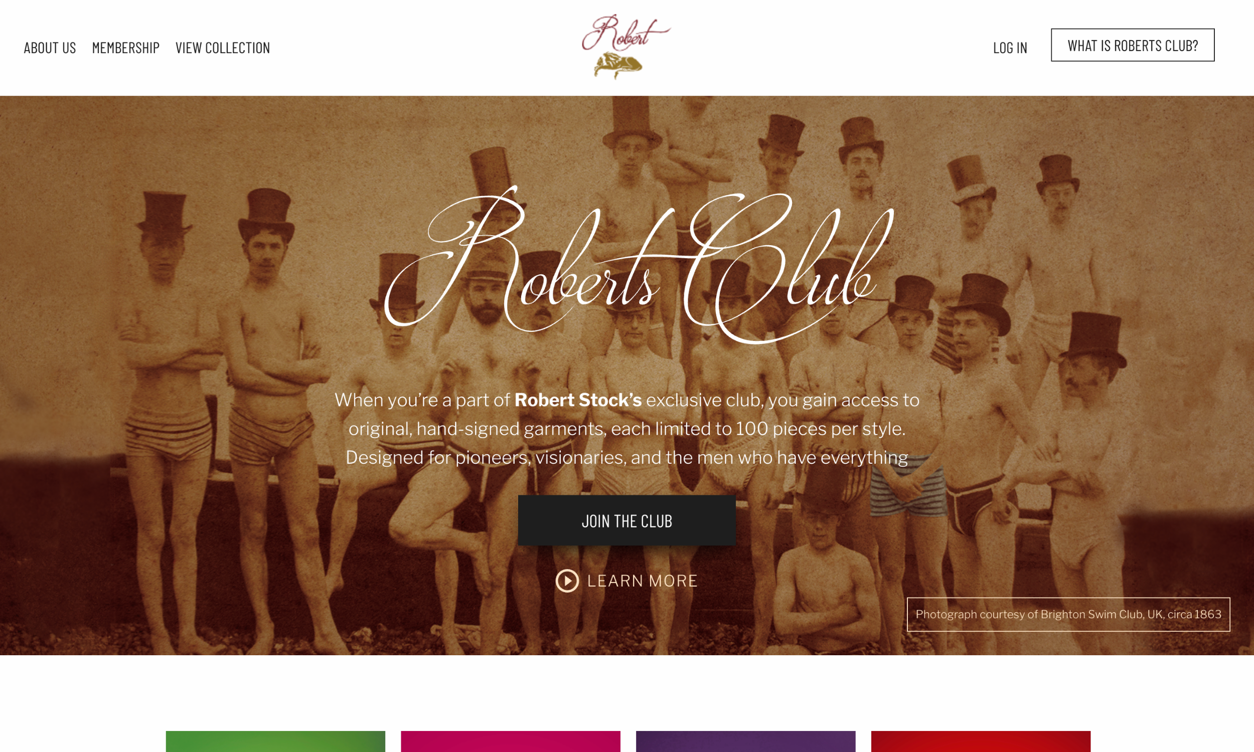 A sepia-toned vintage photo of a group of men in striped swim trunks and top hats, overlaid with "Roberts Club" branding and membership information.