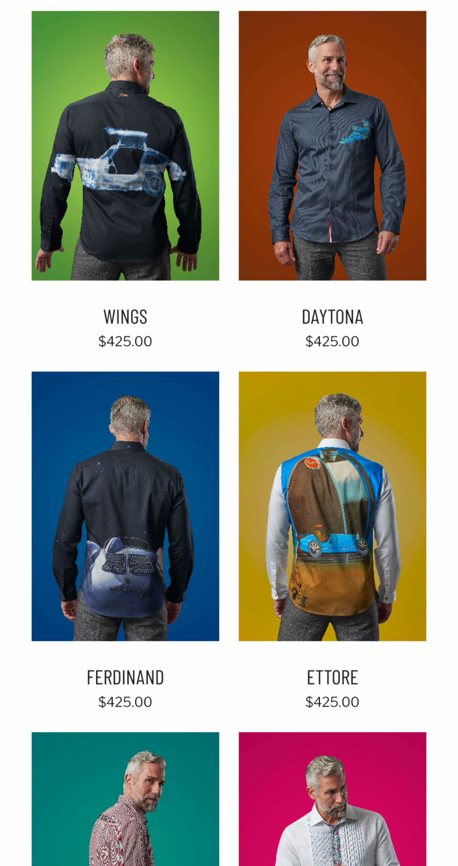 Four men model long-sleeve shirts with unique graphic designs on colored backgrounds; shirt names and prices are listed below each image.