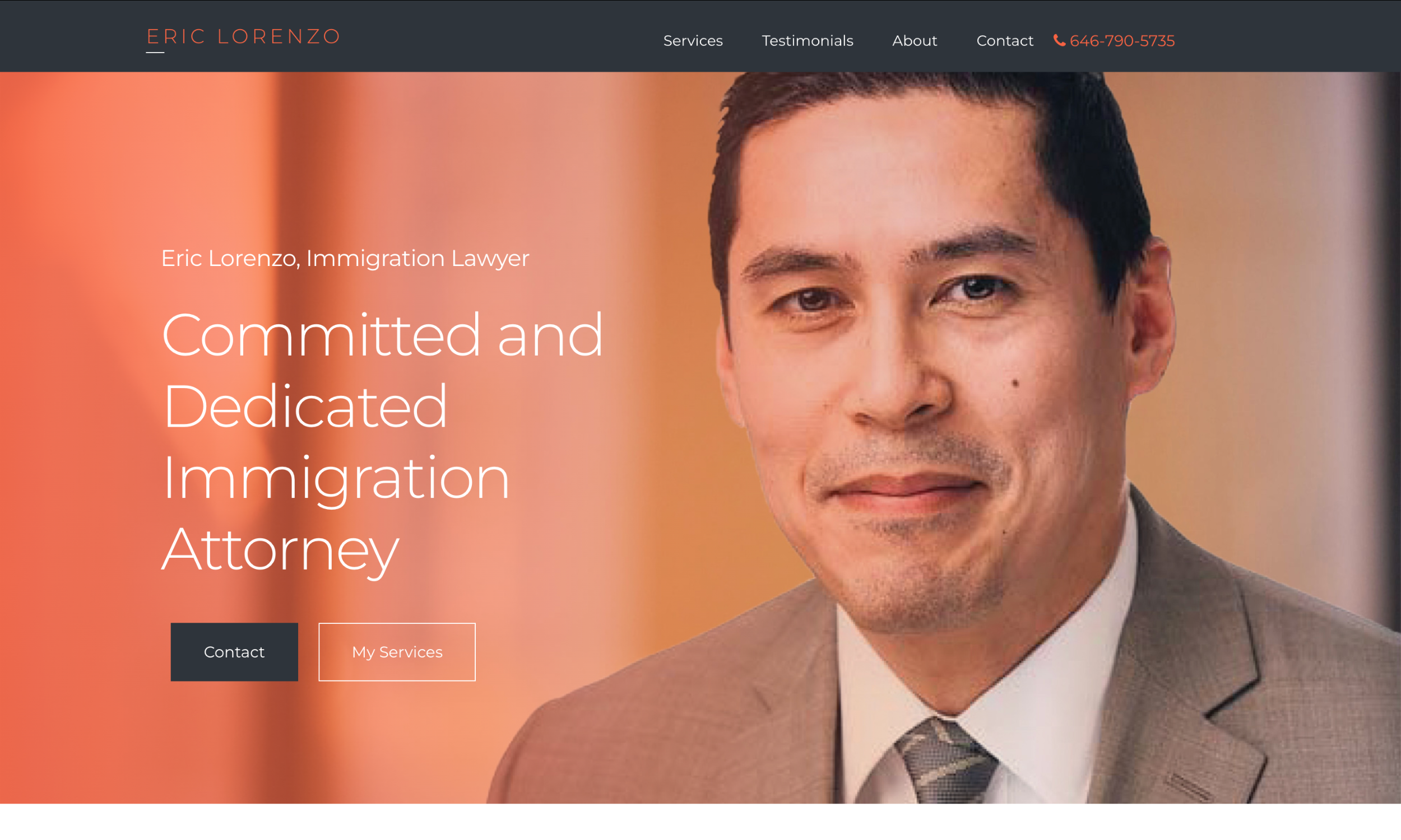 A man in a suit is pictured on a website for Eric Lorenzo, an immigration lawyer, with options to contact or view services.
