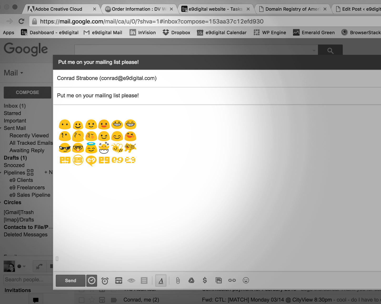 email draft of emojis to Conrad Stabone
