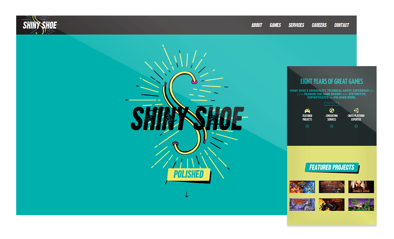Shiny Shoe website homepage with a large stylized "S", navigation menu, and a sidebar highlighting eight years of games and featured projects.