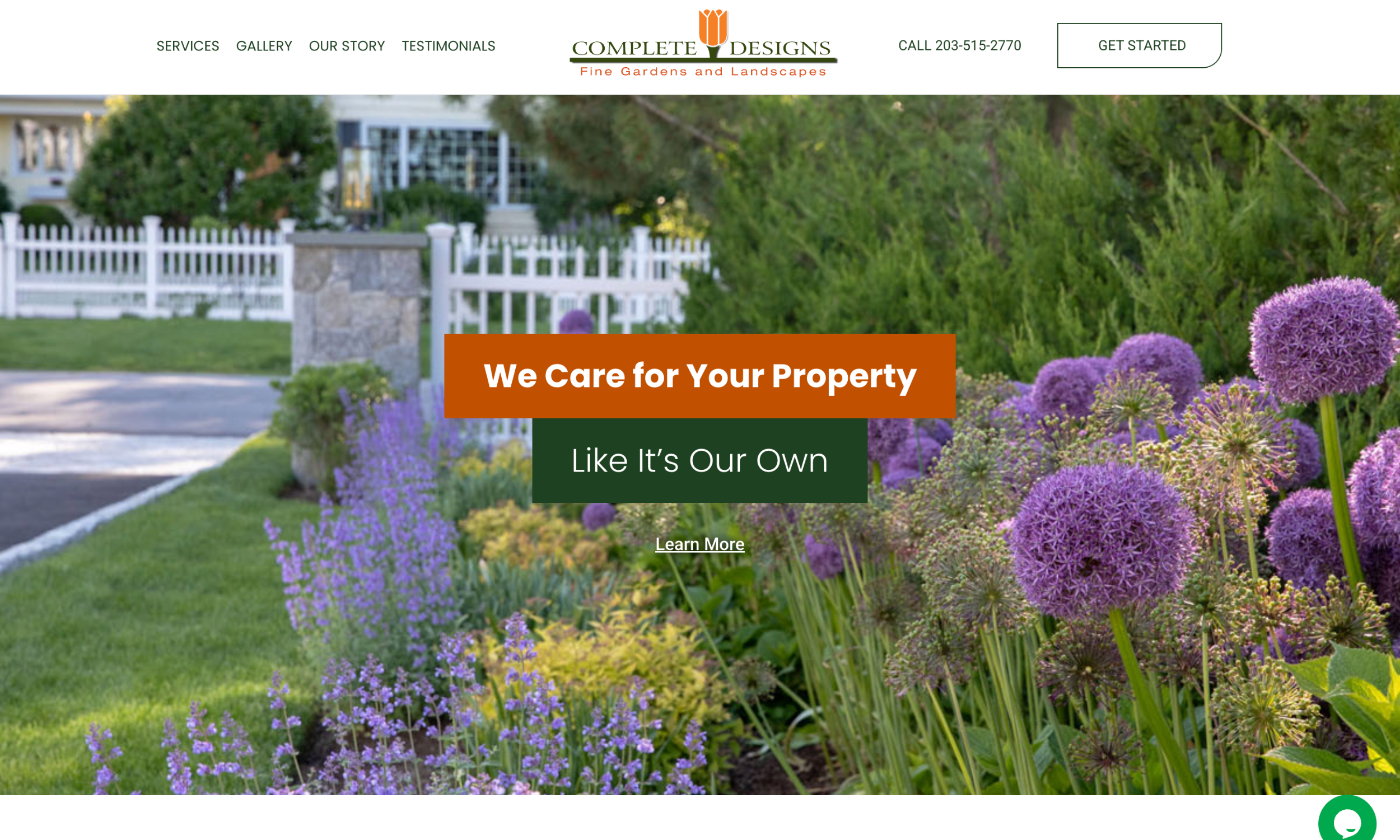 Front yard landscaping with purple and lavender flowers, green grass, a white picket fence, and a house in the background; website header overlayed with company info and tagline.