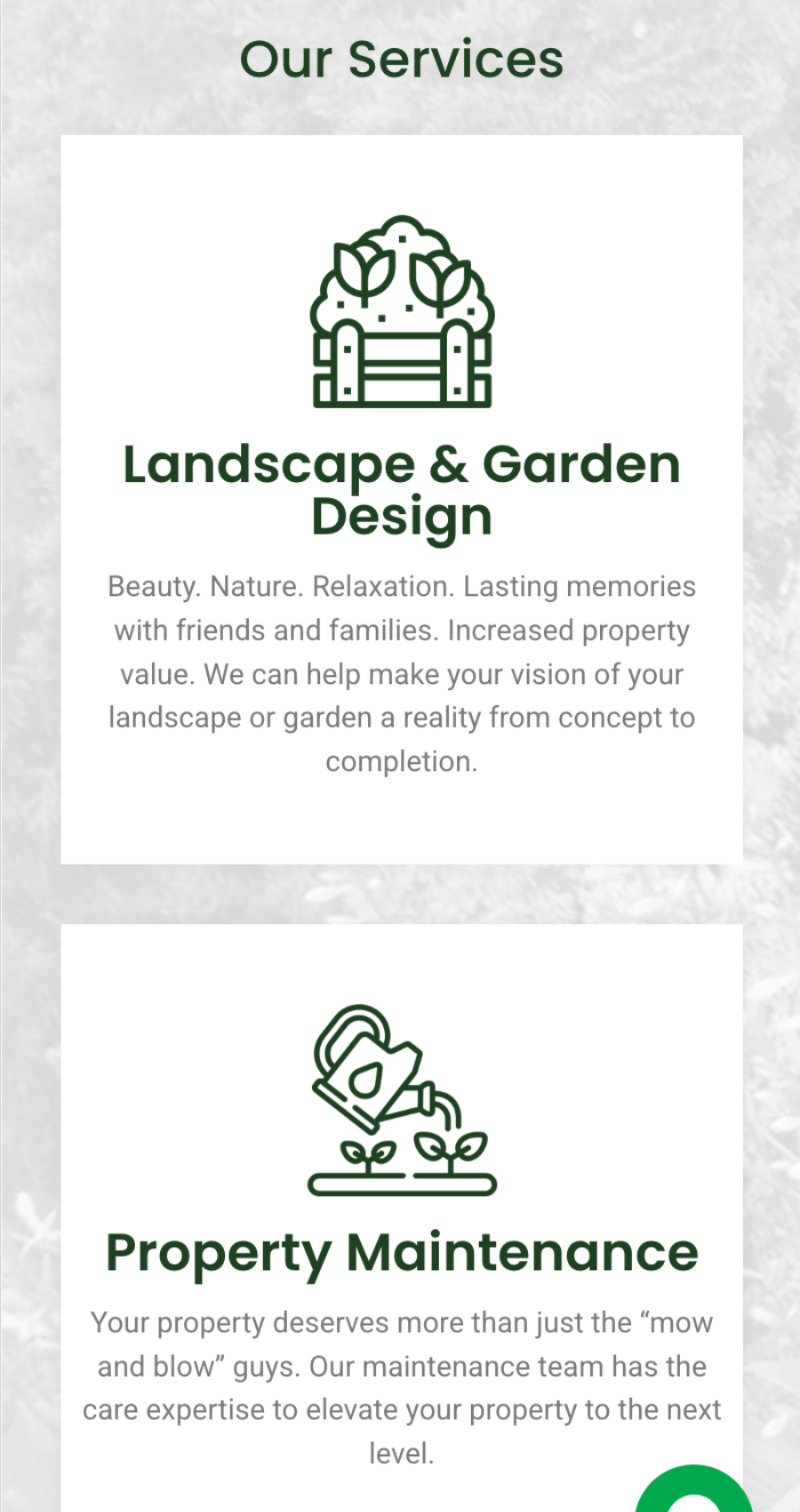 Two green icons with text: one for "Landscape & Garden Design" describing creating outdoor spaces, and one for "Property Maintenance" about expert care for property upkeep.