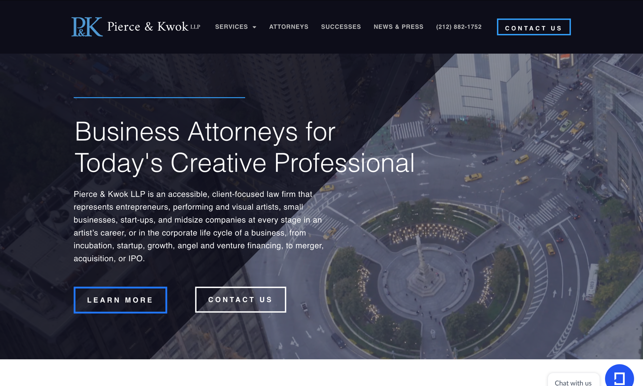 Homepage of Pierce & Kwok LLP featuring firm name, contact info, navigation menu, a city view background, and text promoting business attorneys for creative professionals.