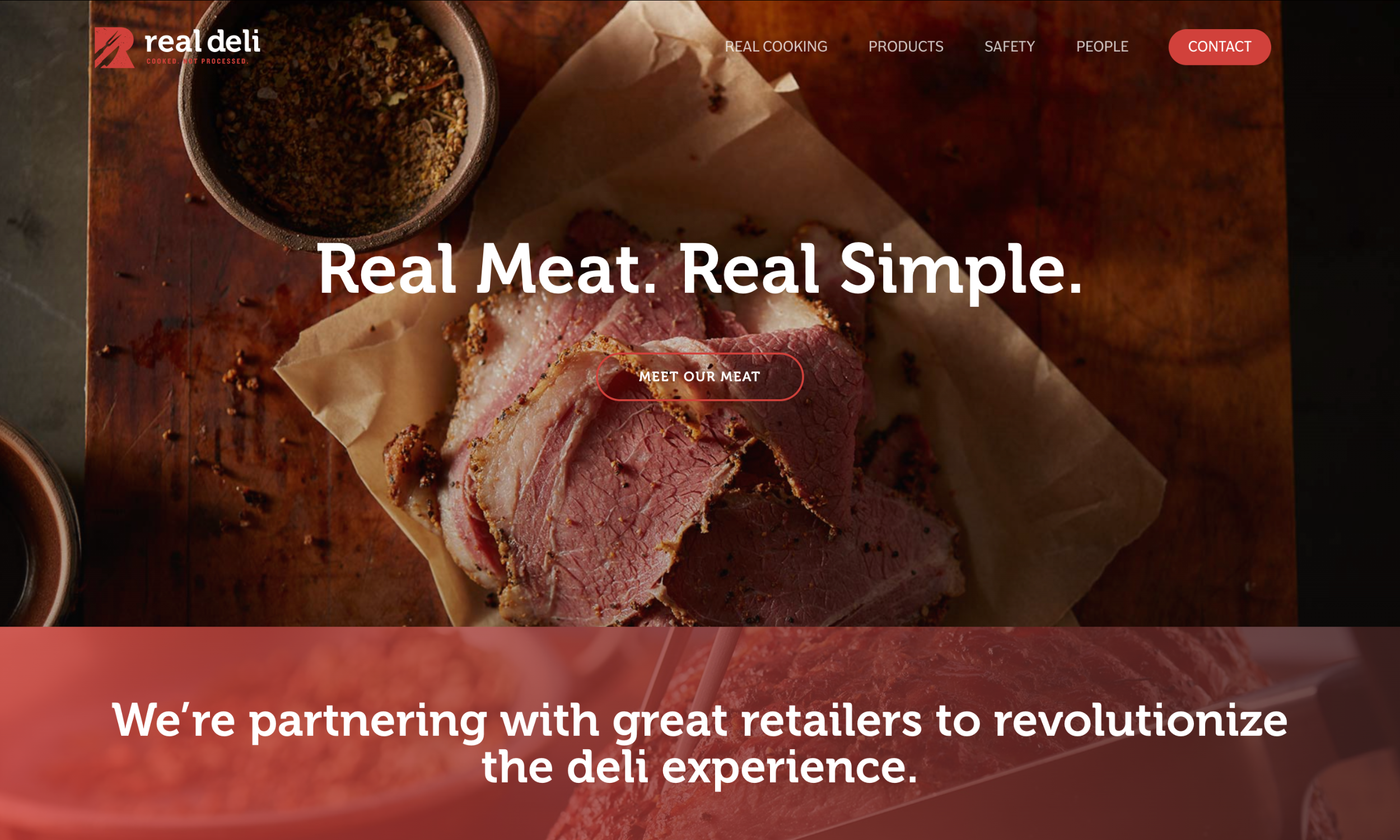 A close-up of sliced deli meat on parchment paper with the text "Real Meat. Real Simple." and website navigation for a deli business.