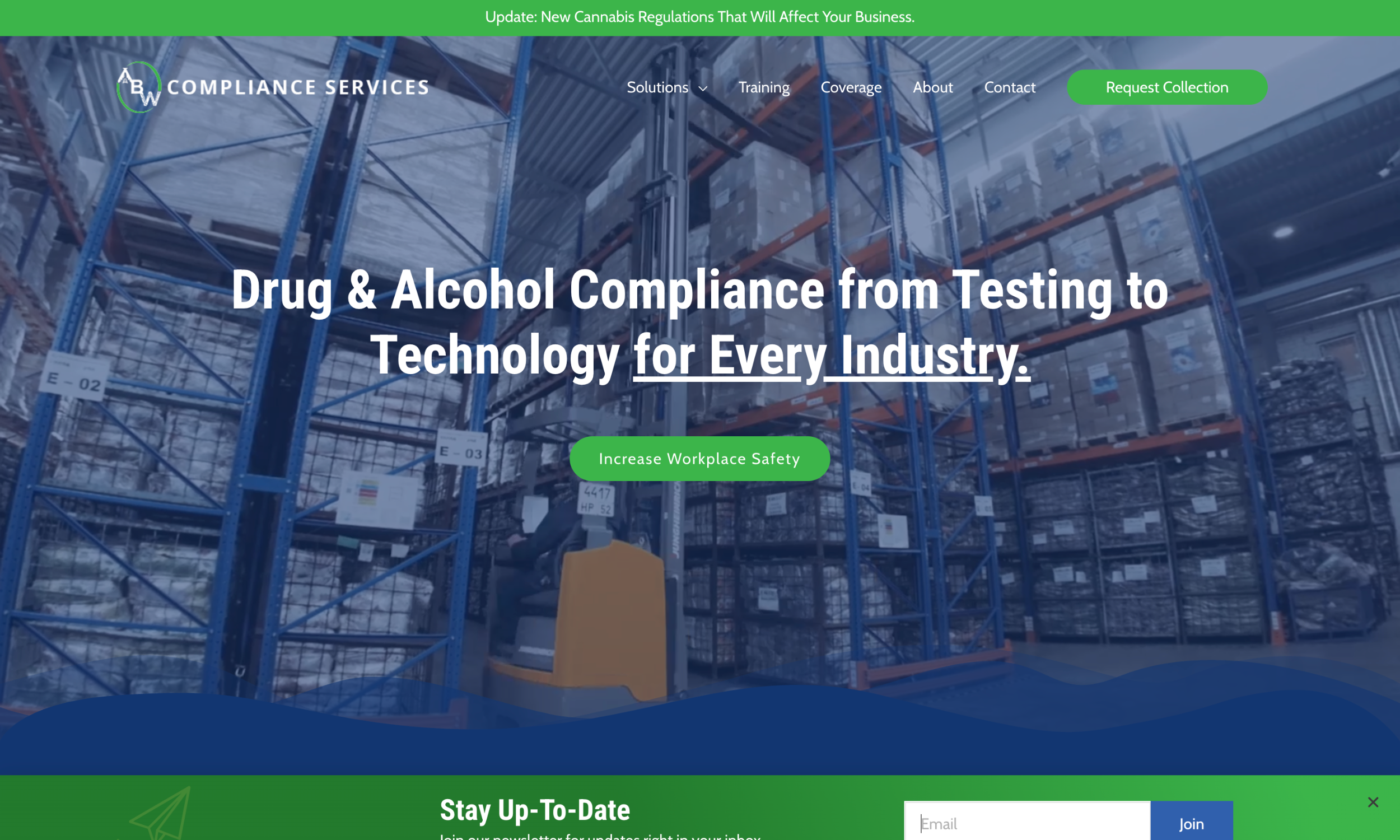 A worker operates a forklift in a warehouse with tall shelves of boxed inventory; a website banner promotes compliance services for drug and alcohol testing in workplaces, highlighting the recent website upgrade.