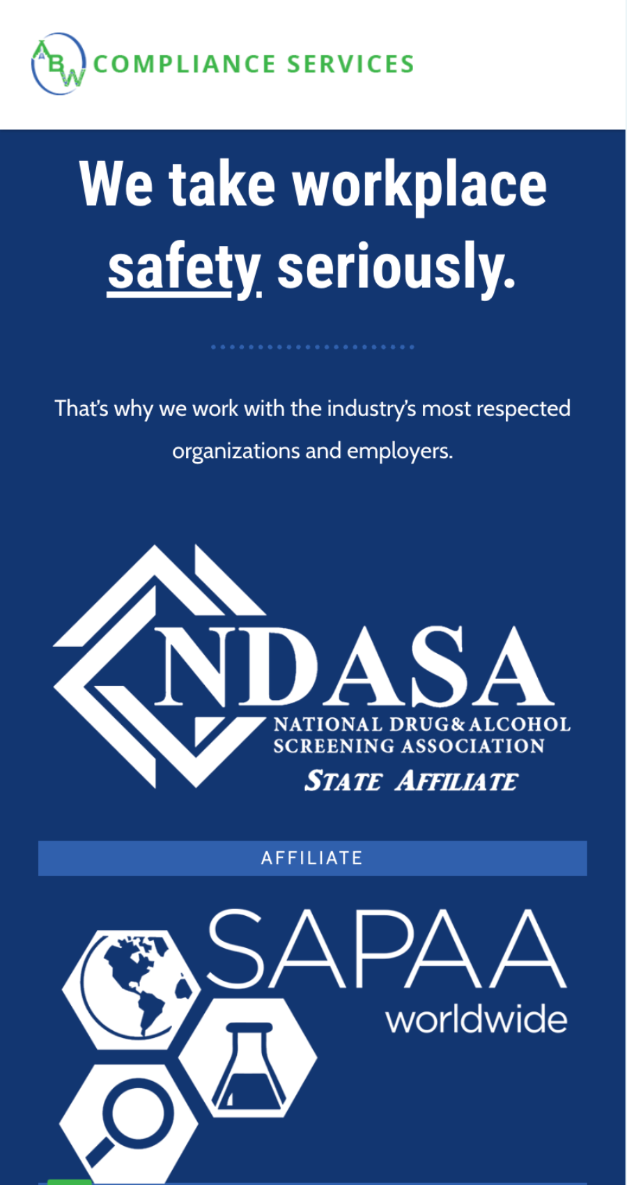 Blue compliance services poster emphasizing workplace safety and announcing a website upgrade, featuring NDASA State Affiliate and SAPAA Worldwide logos as respected industry organizations.