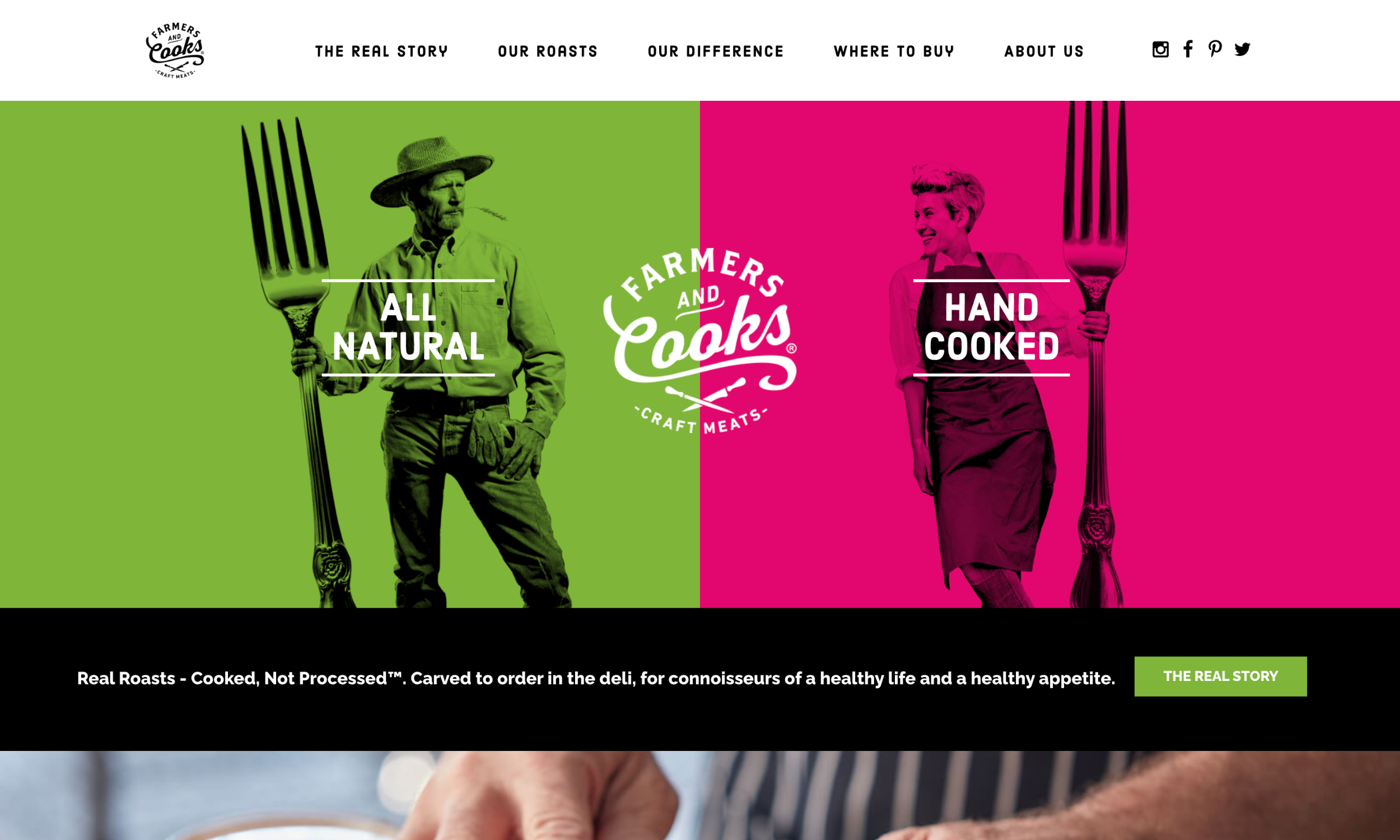 Split-screen image with a man holding a fork on the left labeled "All Natural" and a woman holding a fork on the right labeled "Hand Cooked." "Farmers and Cooks Craft Meats" logo at center.