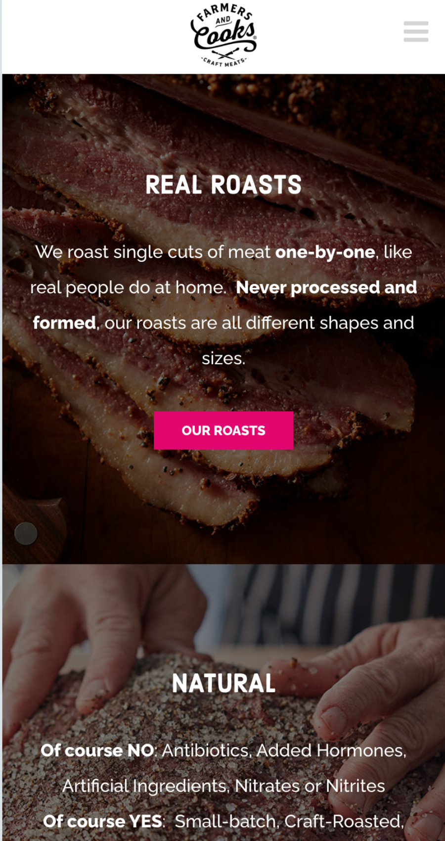 Close-up of sliced roasted meat with text overlay describing the brand’s meat as real roasts, never processed, and natural without added hormones or artificial ingredients.