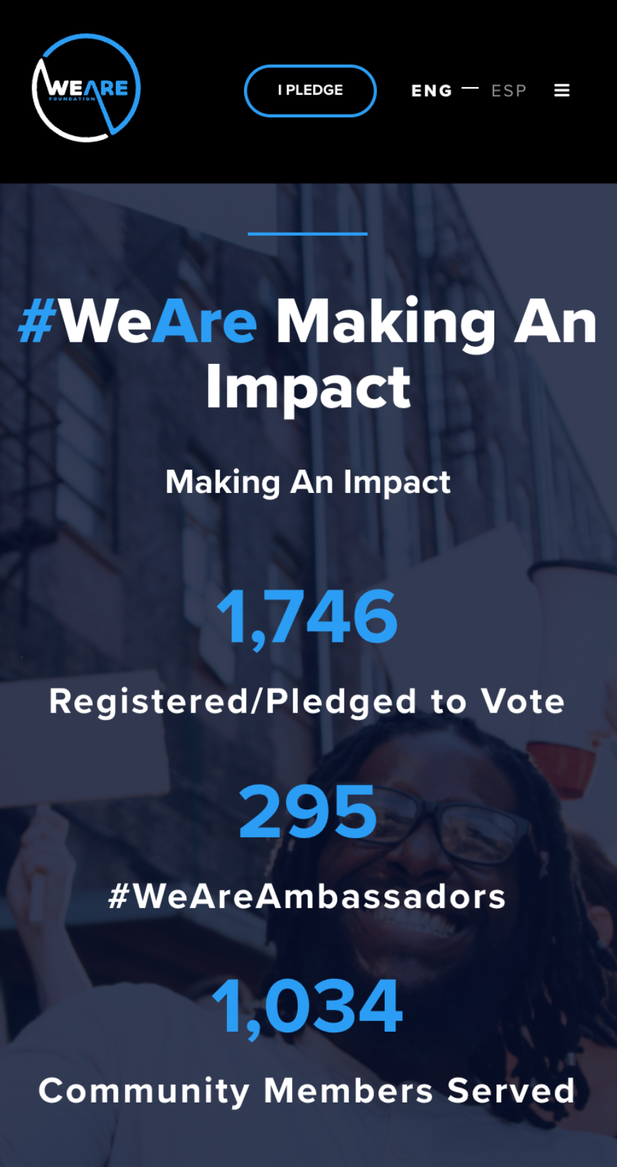 Screenshot of a website showing statistics: 1,746 registered/pledged to vote, 295 ambassadors, and 1,034 community members served, with a #WeAre Making An Impact headline.