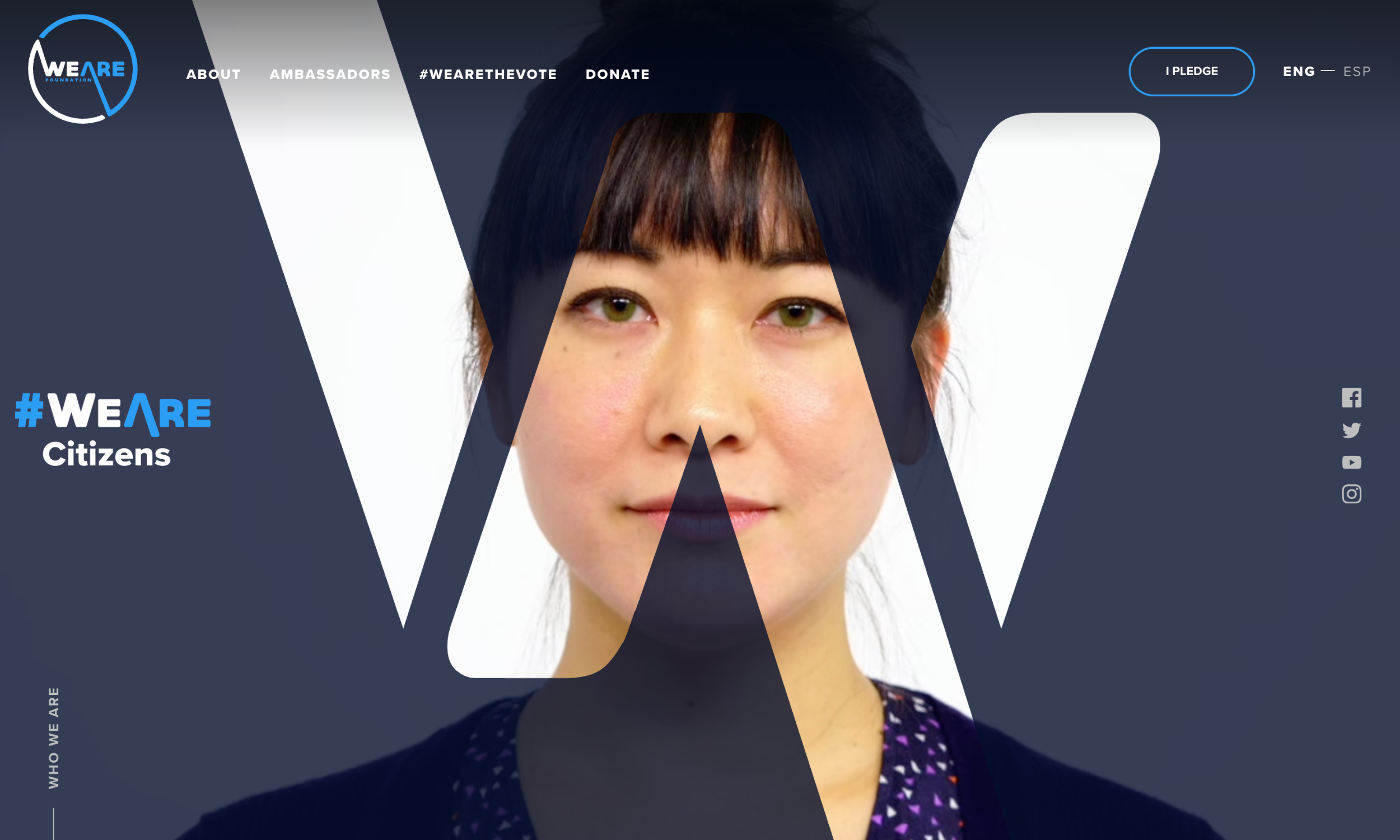 A woman with dark hair stands against a white background, overlaid with bold "WE ARE" graphics and site navigation elements.