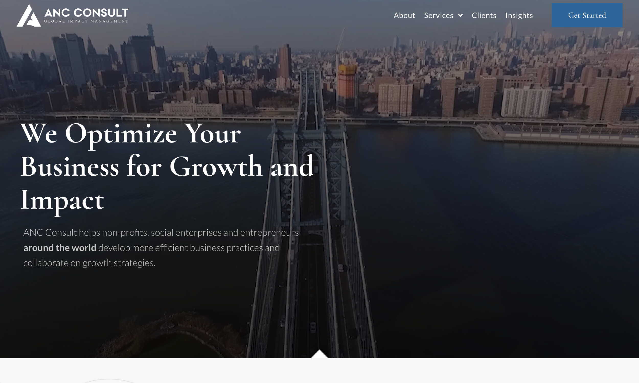 A cityscape with a bridge in the foreground and skyscrapers in the background, overlaid with ANC Consult’s business optimization message and navigation menu.