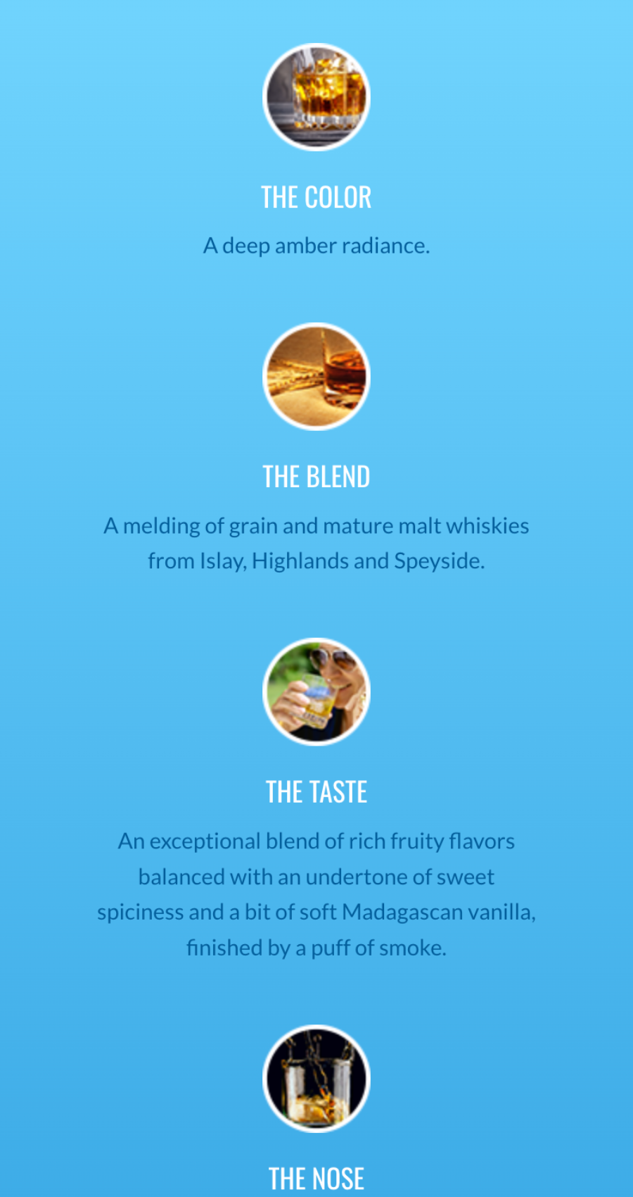 Infographic with a distinct web design describes whisky: deep amber color, blend from Islay, Highlands, and Speyside; taste is fruity with spice and vanilla, while the nose is aromatic with smoke.