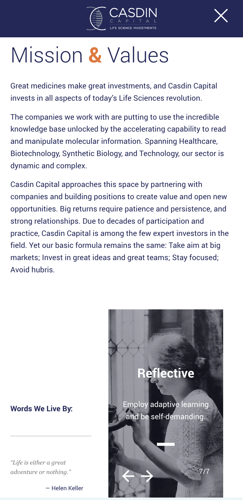 A screenshot of Casdin Capital’s Mission & Values page detailing their investment approach in life sciences, focus areas, and guiding principles, with a Helen Keller quote at the bottom.
