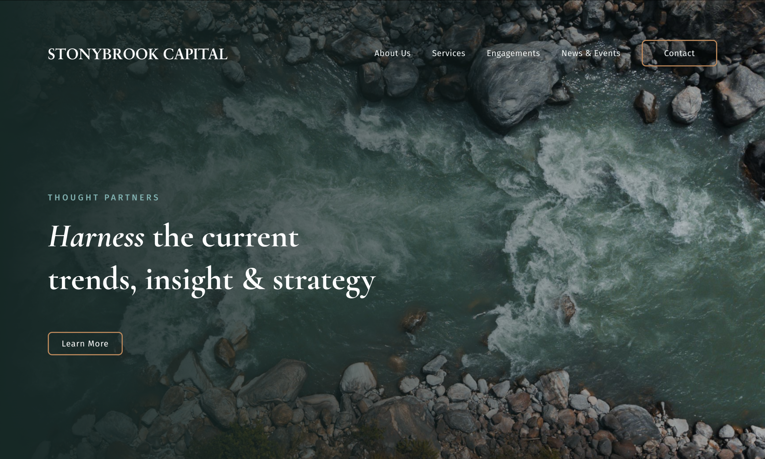 Aerial view of a rocky river with the Stonybrook Capital website overlay, displaying navigation links and text promoting trends, insight, and strategy services.