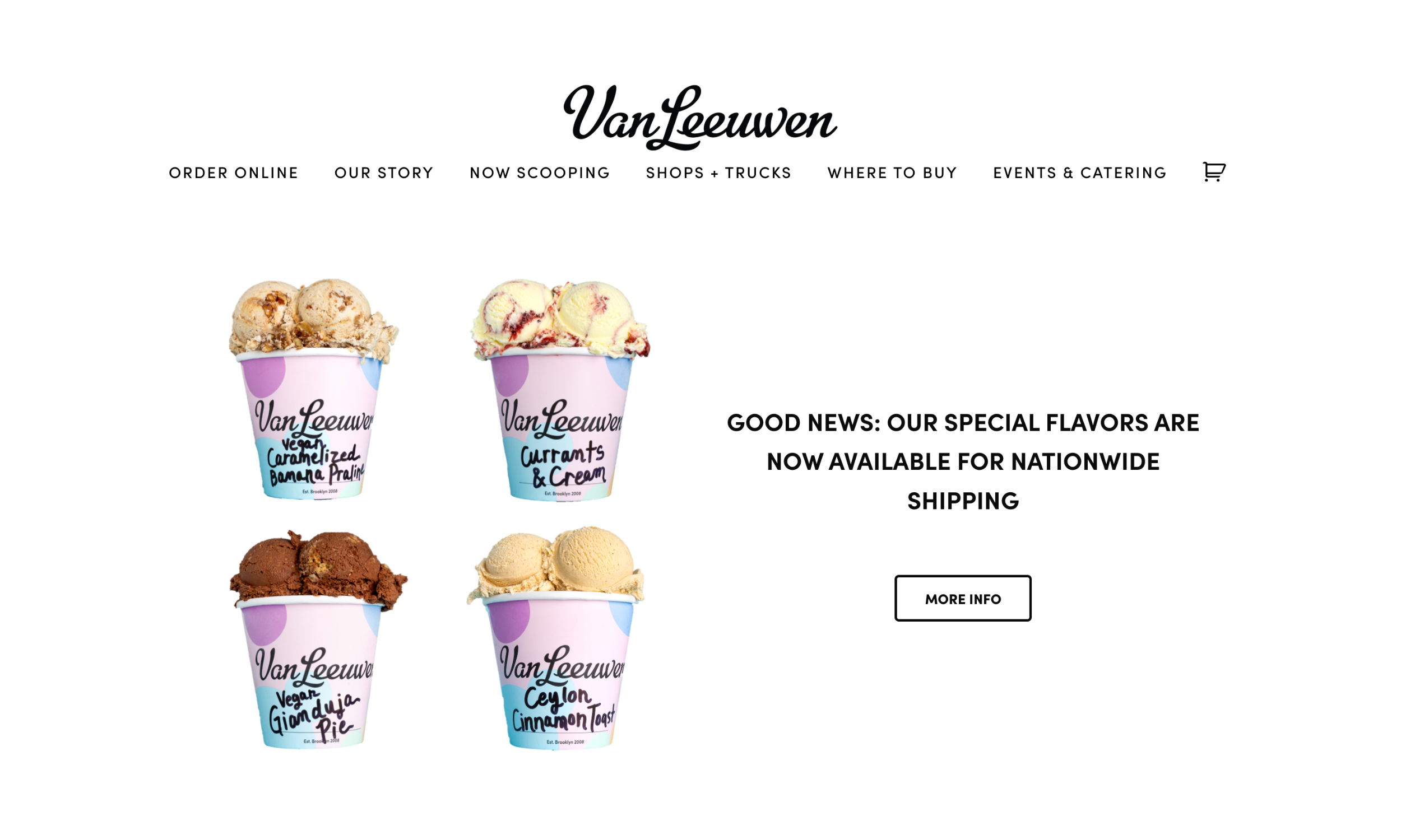 Four Van Leeuwen ice cream pints in different flavors are displayed with a message announcing special flavors now available for nationwide shipping.