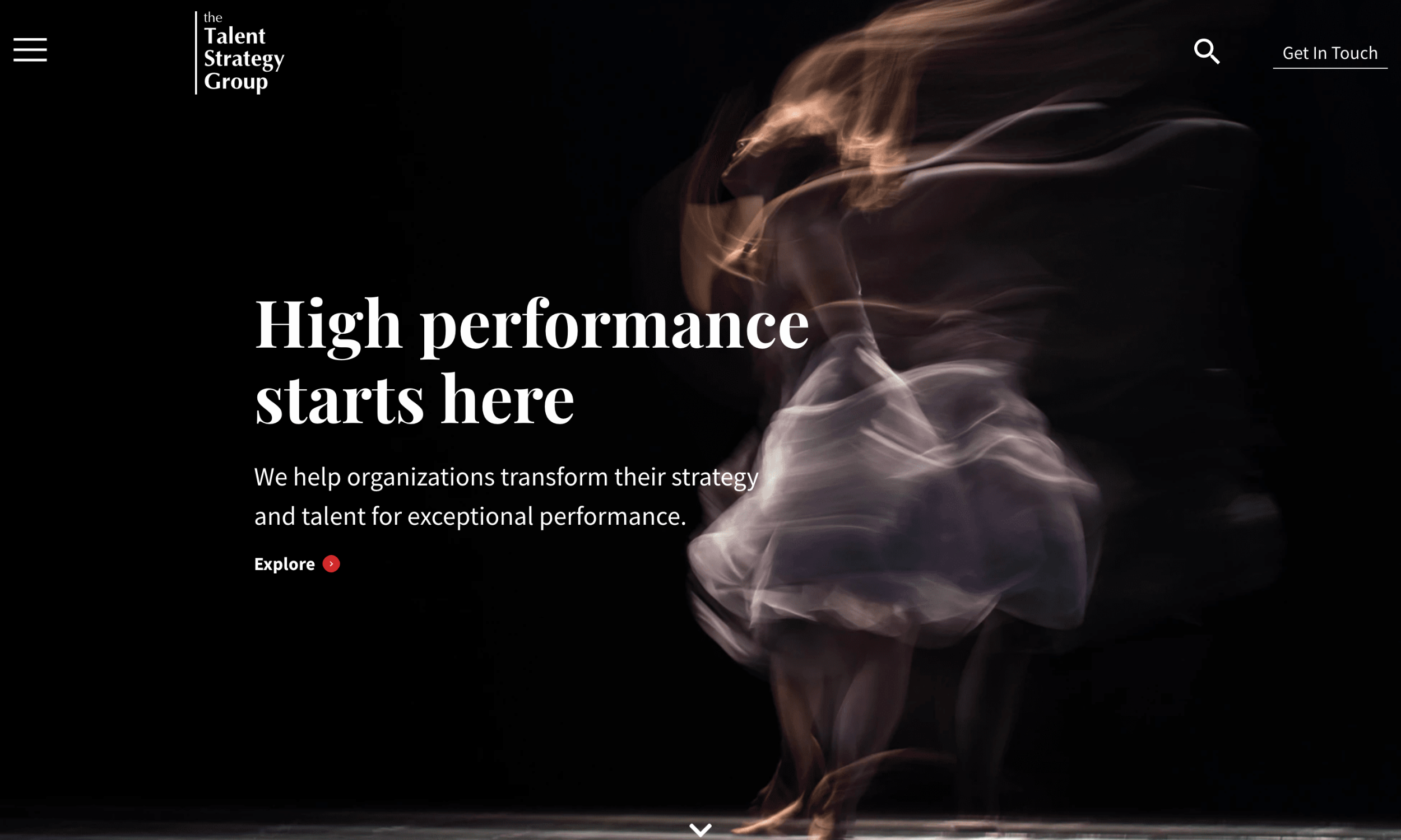 A blurred image of a person in motion, wearing a white skirt, with the text "High performance starts here" and a description about organizational strategy and talent.