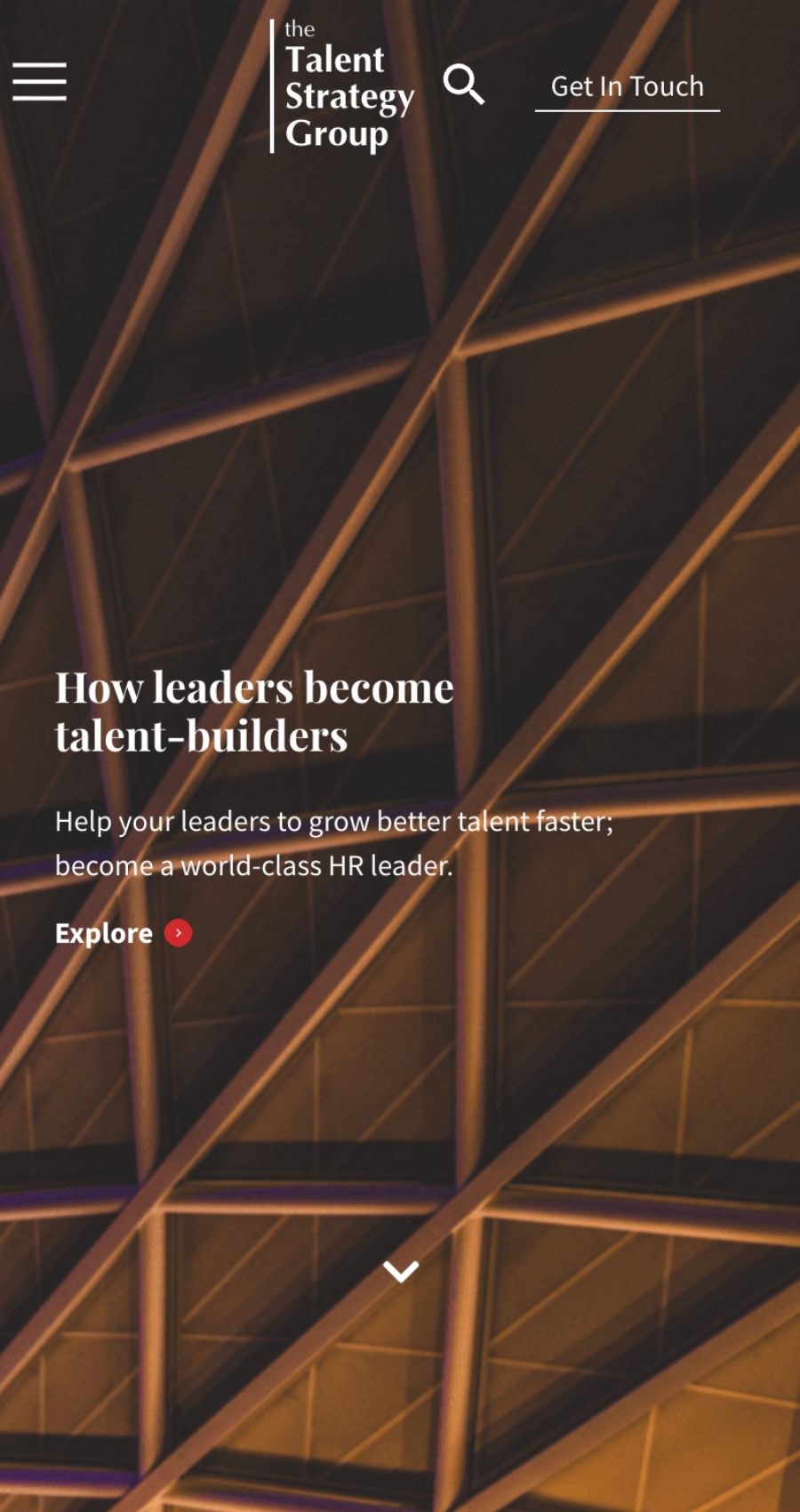 Website homepage for The Talent Strategy Group showing a geometric ceiling pattern, their logo, navigation options, and text about leadership development.